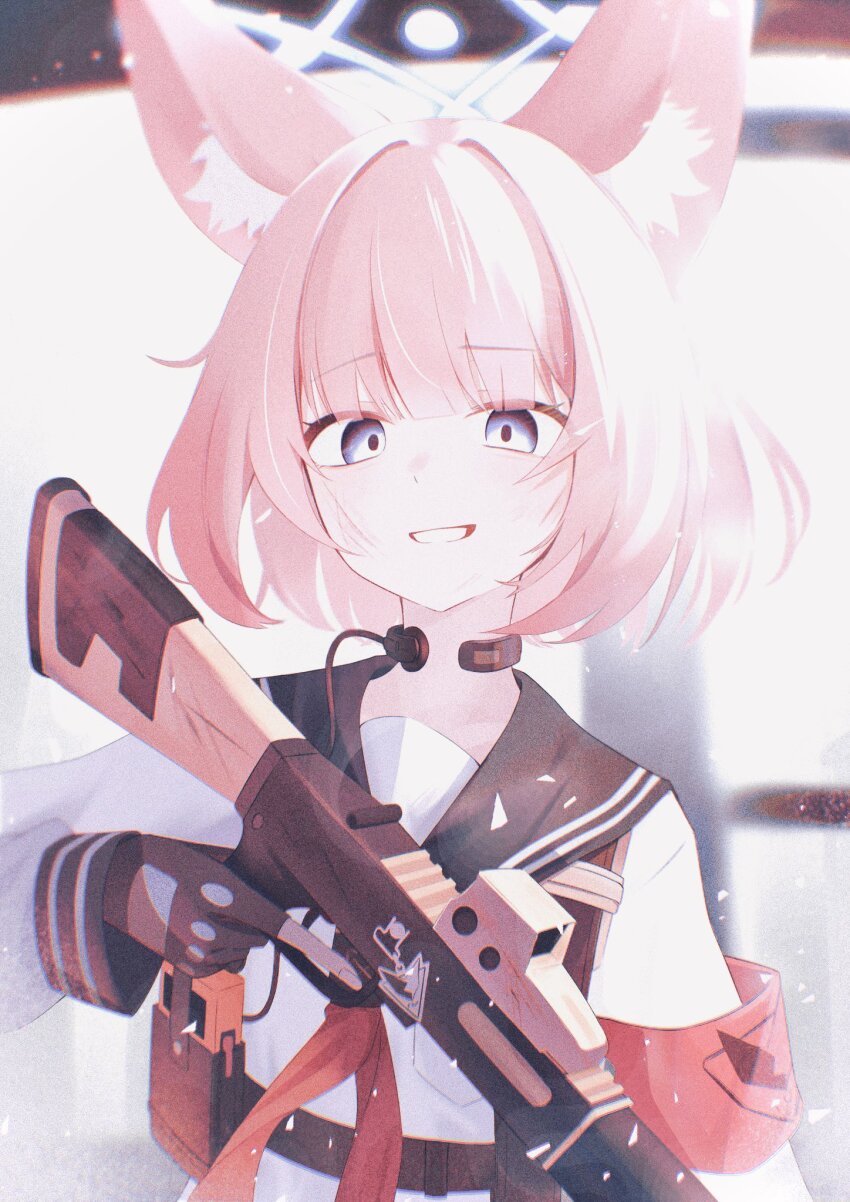 1girl animal_ear_fluff animal_ears armband benelli_m3 blue_archive blue_eyes fingerless_gloves fox_ears fox_girl gloves grin gun halo highres long_sleeves looking_at_viewer neckerchief niko_(blue_archive) pink_hair pump_action red_armband red_neckerchief sailor_collar school_uniform serafuku short_hair shotgun smile solo tactical_school_uniform trigger_discipline ula_ula00 weapon