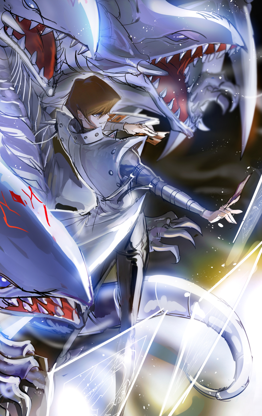 1boy blue-eyes_white_dragon brown_hair card coat dragon duel_disk duel_monster highres holding holding_card kaiba_seto male_focus moemoenomori sharp_teeth teeth trading_card white_coat yu-gi-oh! yu-gi-oh!_duel_monsters