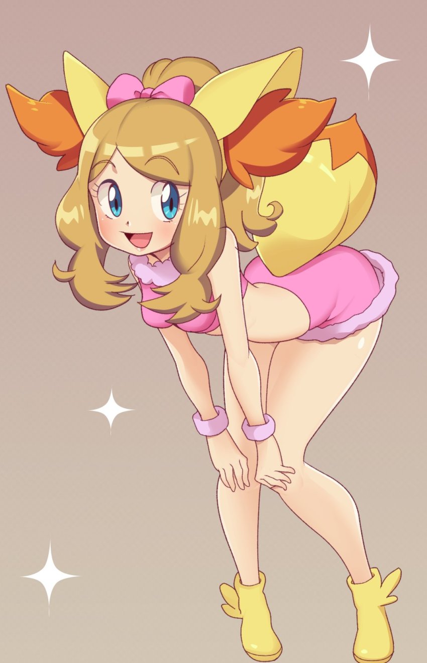 1girl artist_request ass ass_shake bent_over boots breasts cosplay creatures_(company) crop_top fennekin_(cosplay) game_freak highres long_hair midriff miniskirt nintendo no_panties pokemon pokemon_xy serena_(pokemon) skirt source_request