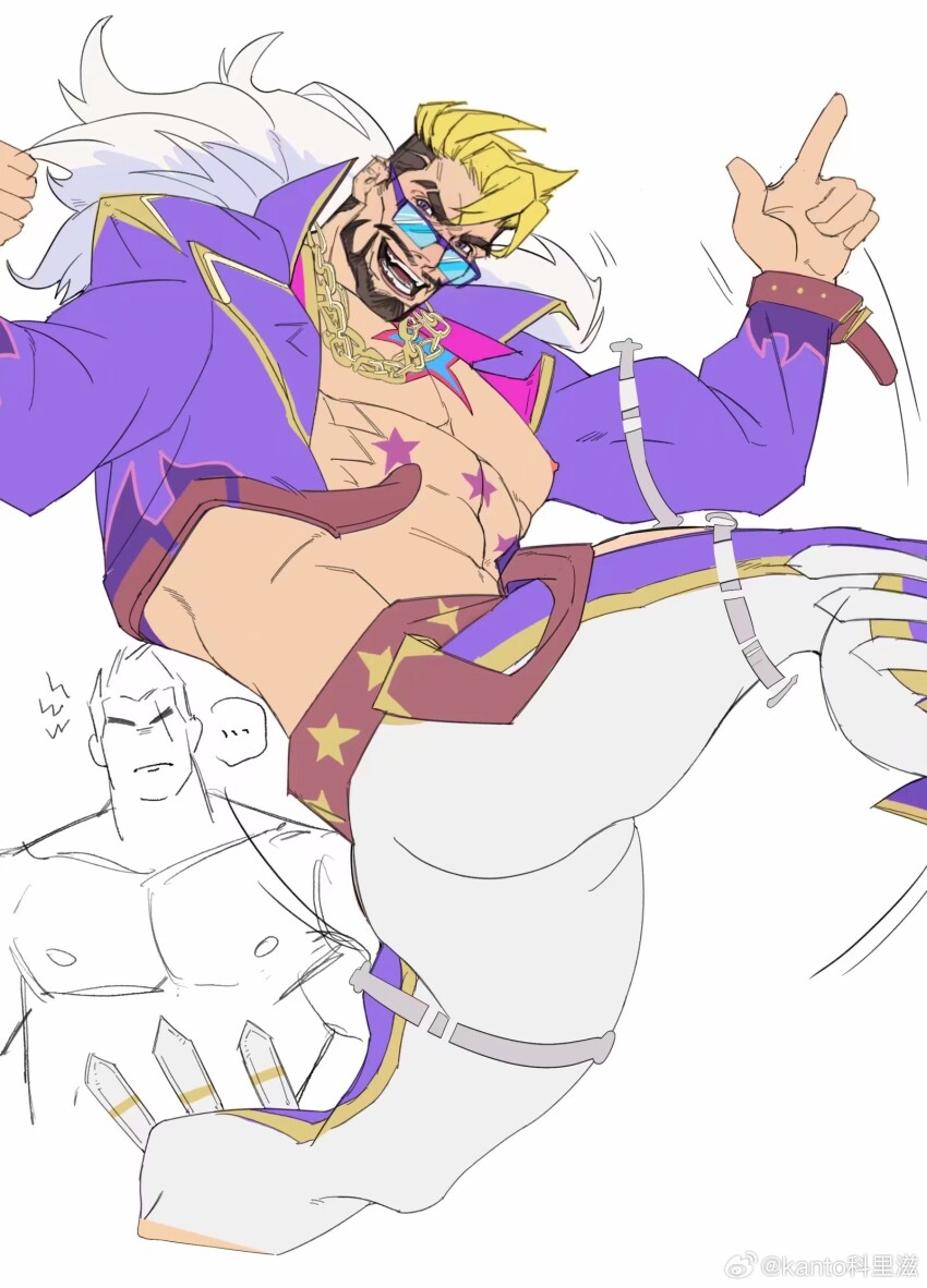 ... 2boys abs annoyed ass bara bare_pectorals beard darius_(league_of_legends) doodle_inset draven facial_hair feet_out_of_frame full_beard highres jumping kantocryz large_pectorals league_of_legends looking_over_eyewear male_focus mature_male multiple_boys muscular muscular_male nipples no_eyes official_alternate_costume pectorals short_hair smile solo_focus spread_legs sunglasses