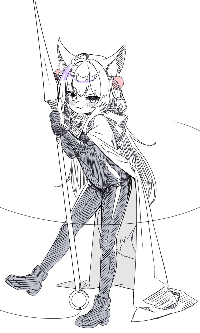 1girl animal_ears bodysuit boots cloak cosplay fox_ears fox_girl fox_tail full_body gloves hair_ornament highres hollow_knight hollow_knight:_silksong hornet_(hollow_knight) hornet_(hollow_knight)_(cosplay) latex latex_bodysuit leeleo_25 long_hair long_sleeves looking_at_viewer needle_(hollow_knight) pom_pom_(clothes) pom_pom_hair_ornament sketch smile spot_color stellive tail tenko_shibuki thread very_long_hair weapon