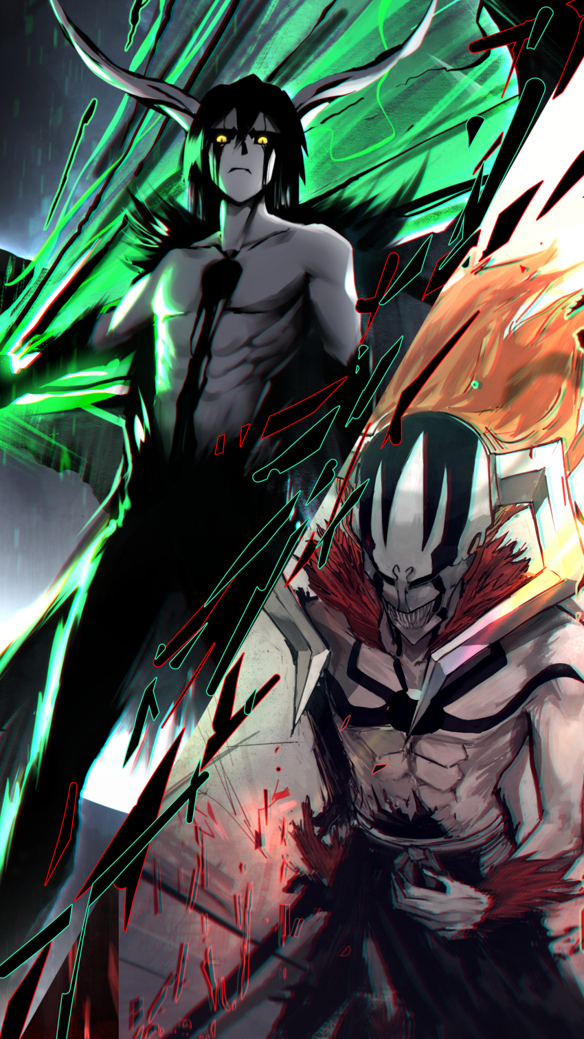 2boys abs absurdres arrancar aura black_fur black_hair black_hakama black_sclera bleach chest_tattoo closed_mouth colored_sclera dark_aura dark_persona demon_boy demon_horns demon_wings facial_mark from_above from_below hair_between_eyes hakama highres holding holding_sword holding_weapon hole_in_chest hole_on_body hollow_ichigo hollow_mask horns japanese_clothes kurosaki_ichigo long_hair male_focus mask mpka_yt multiple_boys obi orange_hair red_fur resurreccion sash single_sleeve skull_mask slit_pupils sword tattoo topless_male ulquiorra_cifer weapon white_sash wings yellow_eyes