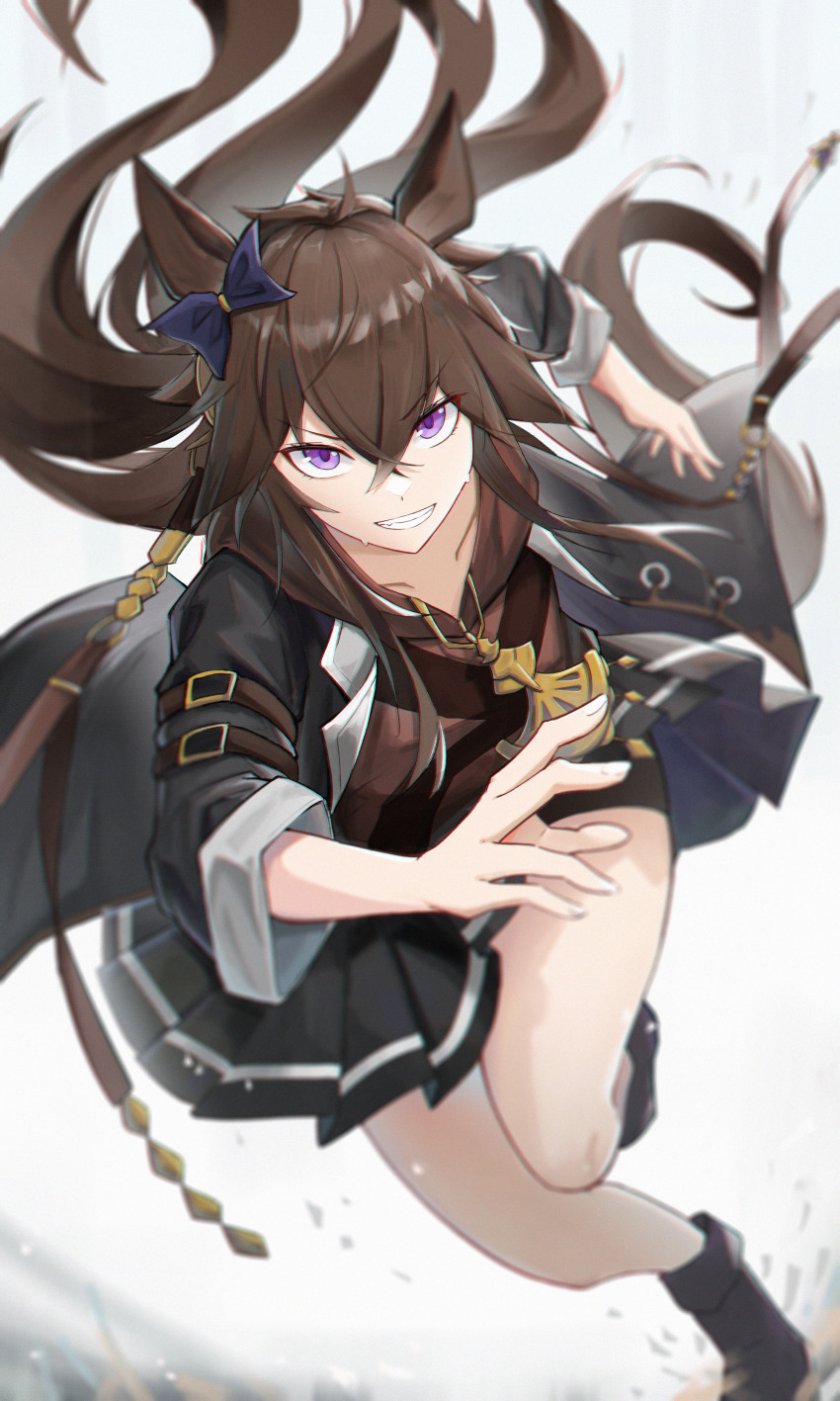 absurdres animal_ears bai_shiro@ black_skirt bow brown_hair collarbone ear_bow grey_jacket hair_between_eyes highres horse_ears horse_girl jacket long_hair long_sleeves mask messy_hair mouth_mask orange_hair orfevre_(old_design)_(umamusume) purple_eyes running skirt teeth umamusume
