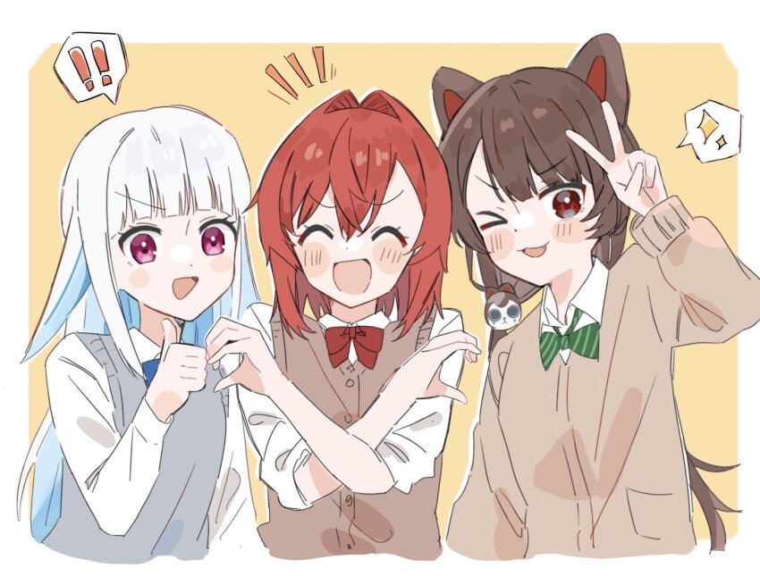! !! &gt;_o 3girls :3 ^_^ alternate_costume ange_katrina animal_ears animal_hair_ornament arm_up blue_hair blunt_bangs blush_stickers border bow bowtie brown_cardigan brown_hair cardigan closed_eyes collared_shirt colored_inner_hair cropped_torso crossed_arms crossed_bangs dog_ears dog_girl dot_nose fang green_bow green_bowtie grey_sweater_vest hair_intakes happachan2do6 heart_hands_duo_chain heart_hands_failure inui_toko lize_helesta long_hair long_sleeves looking_at_viewer low_twintails medium_hair multicolored_hair multiple_girls nijisanji notice_lines one_eye_closed open_mouth outside_border purple_eyes red_bow red_bowtie red_eyes red_hair sanbaka_(nijisanji) school_uniform shirt sidelocks sleeveless sleeveless_sweater sleeves_rolled_up smile speech_bubble spoken_exclamation_mark spoken_sparkle sweater sweater_vest thumbs_up twintails v very_long_hair virtual_youtuber white_border white_hair white_shirt yellow_background