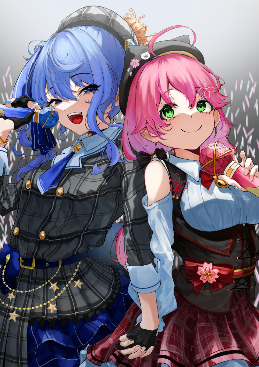 2girls absurdres ahoge ascot bead_bracelet beads beret black_gloves black_hat blue_ascot blue_choker blue_eyes blue_hair blue_nails blue_ribbon bodice bracelet breasts buttons choker clothing_cutout collared_shirt concert crown double-breasted double-parted_bangs flower frilled_skirt frills gloves glowstick green_eyes grey_hat grey_jacket grey_skirt hair_between_eyes hair_flower hair_ornament hair_ribbon hairclip half-closed_eyes hand_up hat highres holding holding_hands holding_microphone hololive hoshimachi_suisei hoshimachi_suisei_(1st_costume) idol interlocked_fingers jacket jewelry large_breasts long_hair long_sleeves looking_at_another low_twintails microphone mini_crown multiple_girls music nail_polish noname_(user_wkpu7848) official_alternate_costume open_mouth partially_fingerless_gloves penlight_(glowstick) pink_hair plaid_clothes plaid_hat plaid_jacket plaid_skirt pleated_skirt red_skirt ribbon sakura_miko sakura_miko_(casual) shadow shirt shoulder_cutout side_ponytail sidelocks singing skirt skirt_set sleeve_cuffs three-quarter_sleeves small_breasts smile stage star_(symbol) star_in_eye symbol_in_eye teeth tilted_headwear tongue twintails upper_teeth_only virtual_youtuber white_shirt