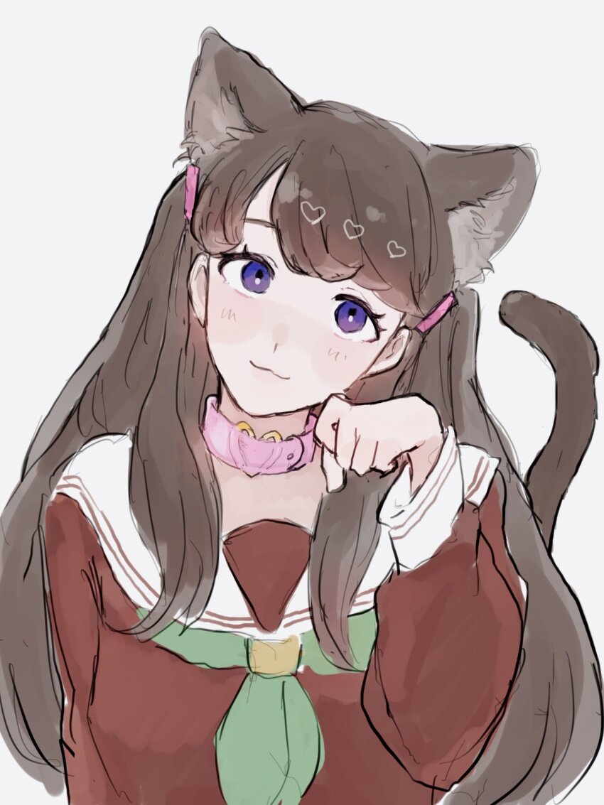 1girl :3 animal_ears aqua_neckerchief blush brown_dress brown_hair cat_ears cat_girl cat_tail check_commentary choker closed_mouth commentary_request dress fujishima_megumi hakuchu_a_la_mode hasu_no_sora_school_uniform heart heart_o-ring heart_ring_choker highres kemonomimi_mode link!_like!_love_live! long_hair long_sleeves looking_at_viewer love_live! neckerchief o-ring o-ring_choker paw_pose pink_choker purple_eyes sailor_collar sailor_dress school_uniform simple_background smile solo tail two_side_up virtual_youtuber white_background white_sailor_collar winter_uniform yam5565
