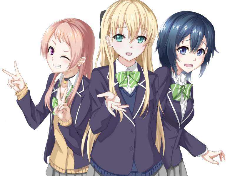 3girls aqua_eyes blonde_hair blue_eyes blue_hair bow bowtie choker cowboy_shot gamers! green_bow green_bowtie grin hair_bow heikichi highres hoshinomori_chiaki long_hair long_sleeves multiple_girls nervous one_eye_closed open_mouth pink_hair purple_eyes reaching reaching_towards_viewer sakurano_aguri school_uniform short_hair smile tendou_karen v vest wavy_mouth white_background