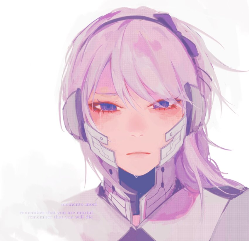 1girl black_bow black_hairband black_headband bow closed_mouth english_text female_focus frown hair_between_eyes hair_bow hairband headband highres kirifuji_nozomi last_defense_academy_school_uniform long_hair looking_at_viewer purple_eyes simple_background solo solo_focus the_hundred_line_-last_defense_academy- upper_body white_background white_hair