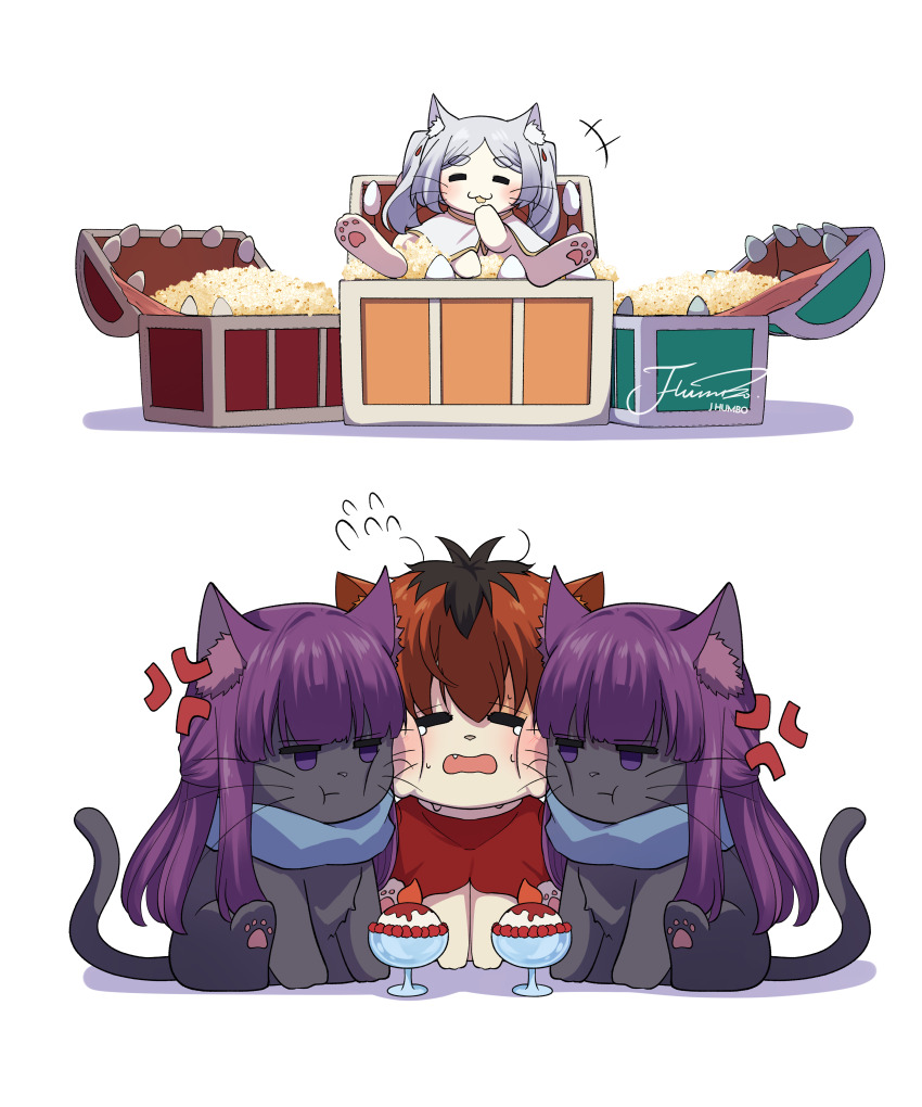 :t absurdres anger_vein animal animalization black_hair cat clone clothed_animal commentary fern_(sousou_no_frieren) flying_sweatdrops food frieren grey_hair highres ice j_humbo long_hair mimic mimic_chest multicolored_hair no_humans popcorn pout purple_eyes purple_hair red_hair simple_background sousou_no_frieren stark_(sousou_no_frieren) symbol-only_commentary treasure_chest two-tone_hair white_background