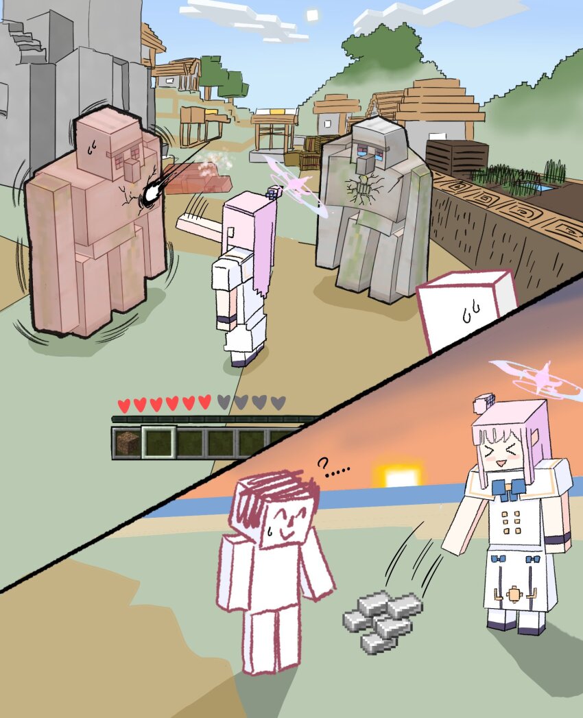 &gt;_&lt; 1boy 1girl :d blue_archive buttons doodle_sensei_(blue_archive) double-breasted gameplay_mechanics hair_bun halo heads-up_display highres iron_golem_(minecraft) koroko_(manbing_2) long_hair mika_(blue_archive) minecraft open_mouth pink_hair punching sensei_(blue_archive) sidelocks smile steel_ingot user_interface xd