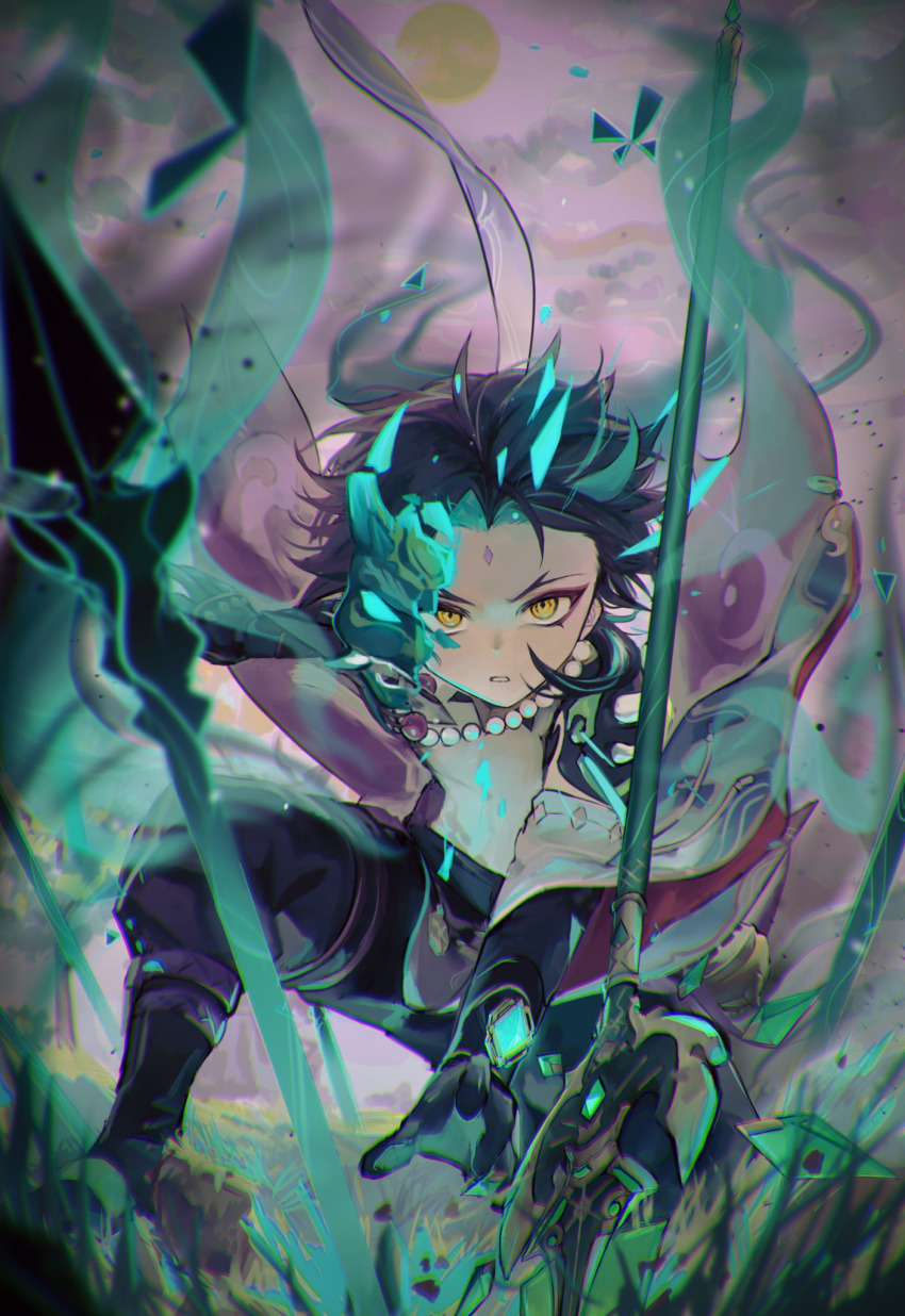 1boy commentary_request facial_mark genshin_impact gloves highres jewelry long_hair looking_at_viewer male_focus multicolored_hair necklace outdoors outstretched_arms primordial_jade_winged-spear_(genshin_impact) solo sun weapon xiao_(genshin_impact) zaso