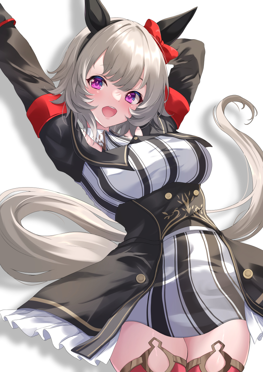 1girl absurdres animal_ears arm_behind_head arm_up breasts curren_chan_(umamusume) highres horse_ears horse_girl horse_tail long_sleeves looking_at_viewer maimuu medium_breasts open_mouth purple_eyes short_hair simple_background solo tail teeth thighs umamusume upper_teeth_only white_background