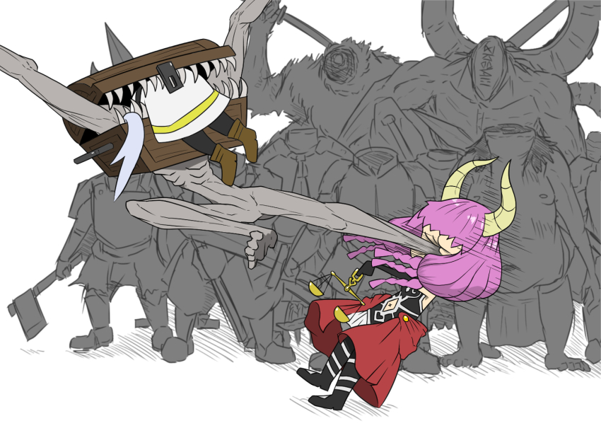 2girls 6+others armband aura_(sousou_no_frieren) axe barefoot black_pantyhose boots brown_boots chain claws cuffs dark_souls_(series) dark_souls_i demon_horns dress fingernails flying_kick frieren frieren_stuck_in_a_mimic_(meme) fromsoftware holding holding_axe horns kicking medama_robotarou meme mimic_(dark_souls) multiple_girls multiple_others pantyhose pink_hair ribs scales shackles sharp_fingernails sharp_teeth simple_background sousou_no_frieren teeth treasure_chest white_background white_dress white_hair