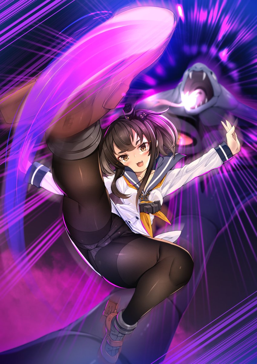 1girl :3 absurdres anchor_symbol arbok black_hair black_pantyhose blue_sailor_collar blurry blush breasts brown_eyes collarbone commentary_request crossover dress fang fangs foreshortening gen_1_pokemon grey_hair hat head_tilt highres kamen_rider kamen_rider_ouja kamen_rider_ryuki_(series) kantai_collection kicking legs long_sleeves look-alike looking_at_viewer medium_breasts mini_hat motion_blur motion_lines multicolored_hair neckerchief nintendo open_mouth outstretched_arms panties panties_under_pantyhose pantyhose pokemon pokemon_(creature) purple_background rudder_footwear sailor_collar sailor_dress shirt short_hair_with_long_locks sidelocks smokestack_hair_ornament spread_arms thighband_pantyhose tied_shirt tokitsukaze_(kancolle) tongue torisan underwear upskirt white_dress yellow_neckerchief
