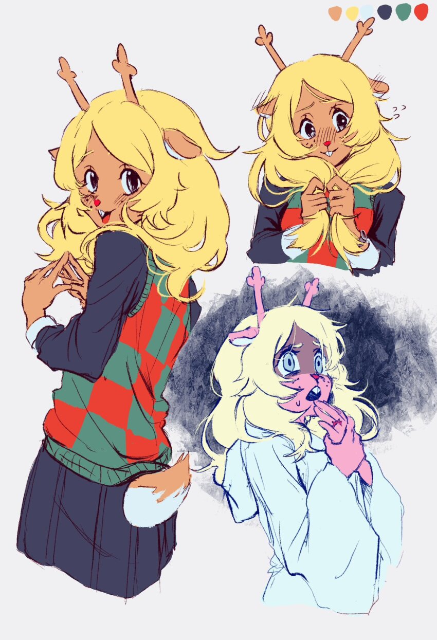 1girl animal_ears antlers black_shirt black_skirt blonde_hair checkered_sweater_vest color_guide commentary_request deer_antlers deer_ears deer_girl deer_tail deltarune flying_sweatdrops freckles furry furry_female green_sweater_vest highres holding holding_own_hair hooded_robe horns jewelry korean_commentary long_hair long_sleeves noelle_holiday noelle_holiday_(dark_world) ring robe shirt skirt surprised sweater_vest tail vivionlyart weird_route_(deltarune) white_robe