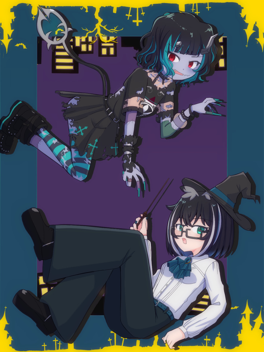 2girls alternate_costume ascot belt black-framed_eyewear black_belt black_dress black_footwear black_hair black_hat black_pants black_thighhighs blue_ascot blue_brooch blue_hair blue_nails blue_theme boots breasts closed_mouth commentary_request cross demon_girl demon_horns demon_tail dress eye_of_providence fangs fingernails flat_chest full_body glasses green_eyes halloween hat highres holding holding_wand horns long_fingernails long_sleeves looking_at_viewer medium_hair multicolored_hair multiple_girls nanashi_inc. official_alternate_costume open_mouth oura_rukako outline pants pointy_ears purple_background red_eyes rokusuke_nonaka shirt shishio_chris shishio_chris_(3rd_costume) shoes short_hair short_sleeves simple_background single_thighhigh small_breasts smile streaked_hair tail thighhighs tilted_headwear torn_clothes torn_dress two-tone_hair virtual_youtuber wand white_hair white_outline white_shirt witch_hat zombification