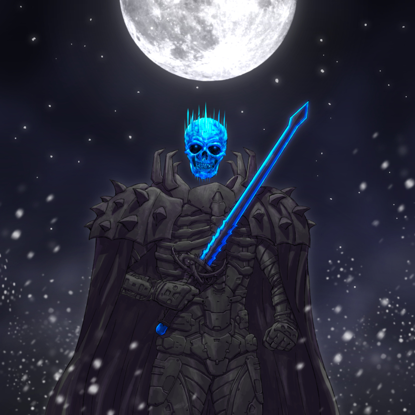 absurdres adapted_costume adi_(adivider) alternate_costume armor berserk black_armor black_cape black_cloak blade cape cloak cosplay crossover cyberpunk day_of_wrath_(infinitypilot) doom_(2016) doom_(series) fantasy full_armor full_moon glowing glowing_weapon highres holding holding_sword holding_weapon hologram looking_at_viewer military moon night night_sky original science_fiction shoulder_armor skeleton skull skull_knight_(berserk) skullhacker_(day_of_wrath) sky soldier solo spiked_armor sword sword_of_resonance weapon
