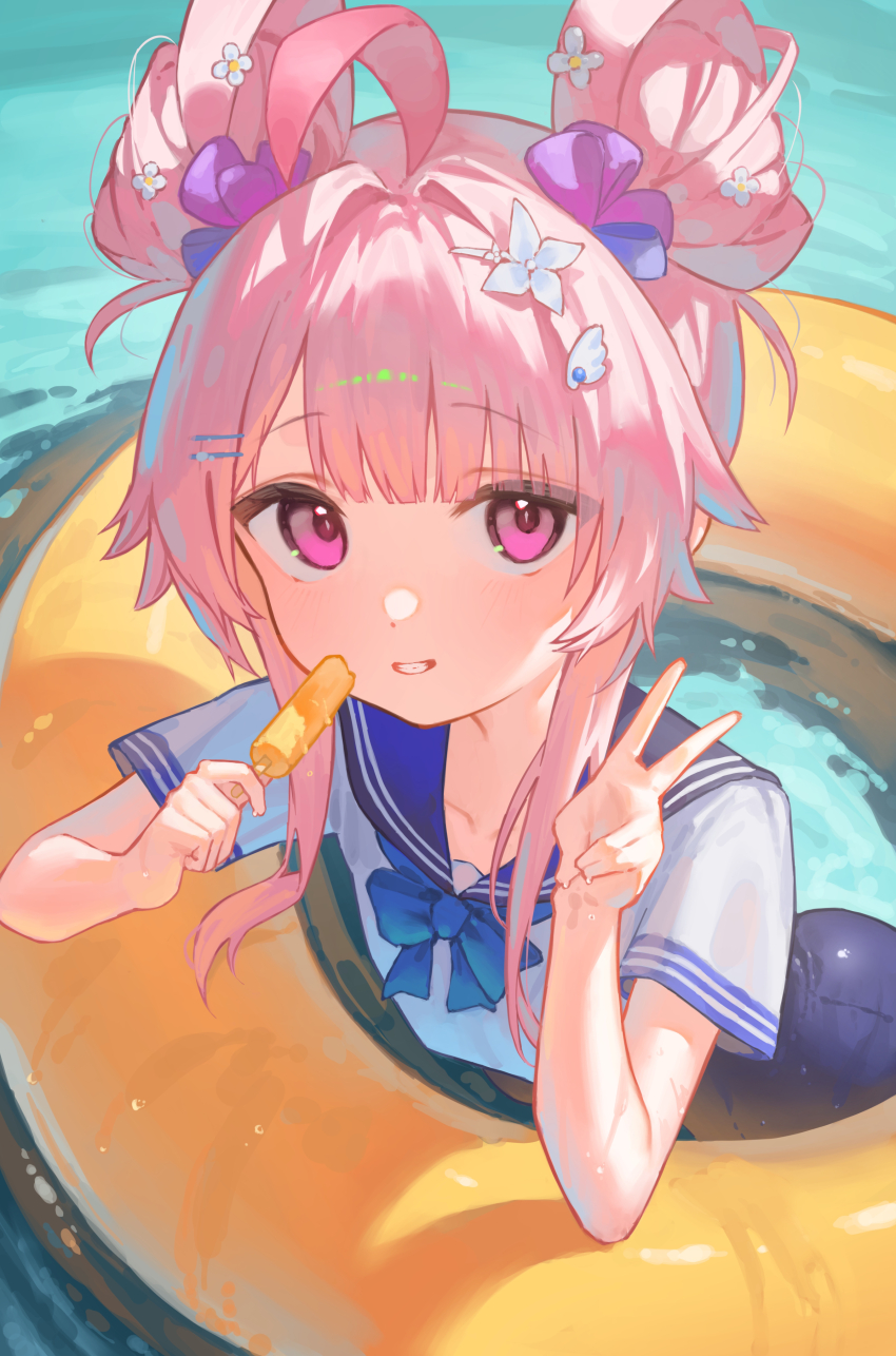 1girl absurdres ahoge blue_bow blue_sailor_collar blush bow bowtie commission double_bun fantasista_doll flower food hair_bow hair_bun hair_flower hair_intakes hair_ornament hairclip highres holding holding_food holding_popsicle innertube looking_at_viewer one-piece_swimsuit partially_submerged pink_eyes pink_hair popsicle pulmo_(artist) purple_bow sailor_collar school_swimsuit school_uniform serafuku shirt short_sleeves sidelocks skeb_commission smile solo swim_ring swimsuit ukiwa_(fantasista_doll) v water wet white_shirt