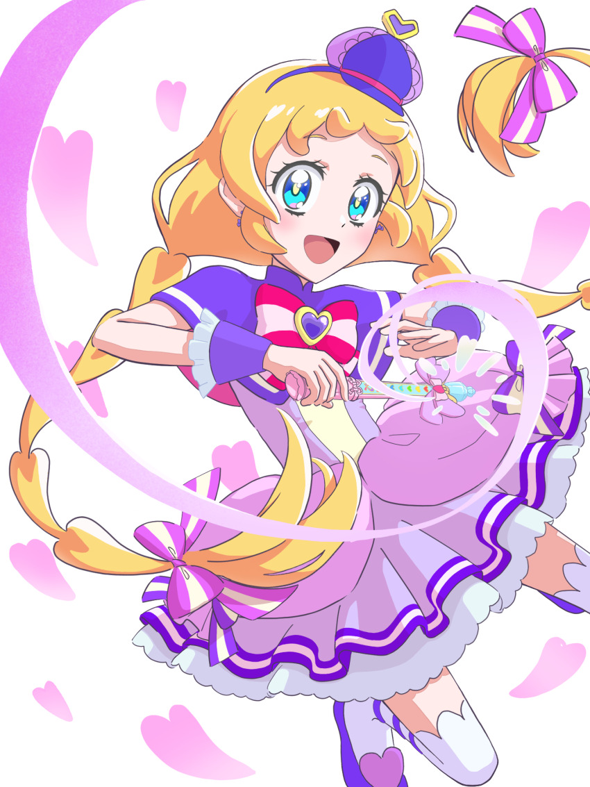 1girl :d blonde_hair blue_eyes blush bow bow_earrings braid bright_pupils brooch capelet chest_bow commentary cure_friendy deerstalker dress dress_bow earrings friendly_tact frilled_wrist_cuffs frills hair_bow hairband hat hat_ornament heart heart_brooch heart_hat_ornament highres holding holding_wand holding_weapon inukai_iroha jewelry legs_up long_hair looking_at_viewer low-tied_long_hair low_twin_braids magical_girl multicolored_bow open_mouth petticoat pink_bow precure purple_bow purple_capelet purple_dress purple_hairband purple_hat purple_shoes purple_wrist_cuffs shoes sleeveless sleeveless_dress smile solo striped_bow thighhighs tilted_headwear twin_braids user_sgdf3422 very_long_hair wand weapon white_background white_thighhighs wonderful_precure! wrist_cuffs yellow_pupils zettai_ryouiki