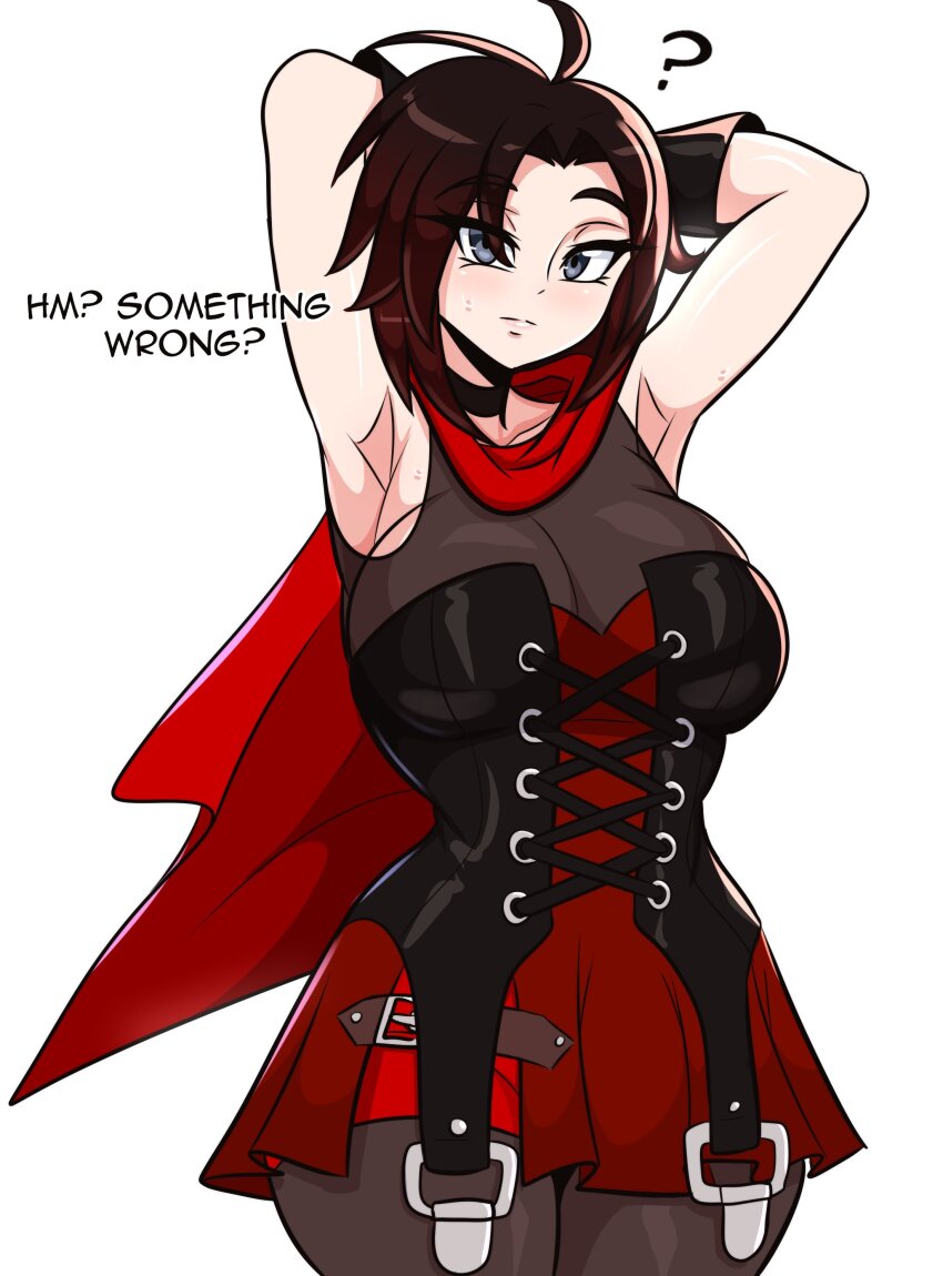 1girl ? absurdres ahoge armpits arms_behind_head bare_shoulders black_hair blush breasts cape choker cleavage collarbone corset english_text gradient_hair grey_eyes highres kinathefox large_breasts looking_at_viewer multicolored_hair pantyhose red_cape red_hair ruby_rose rwby short_hair shorts skirt sleeveless solo sweat thick_thighs thighs white_background wide_hips