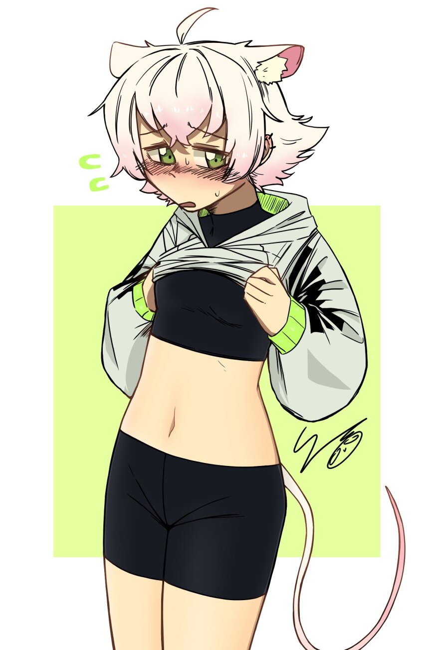 ahoge animal_ear_fluff animal_ears bags_under_eyes bike_shorts black_shirt black_shorts blush breasts clothes_lift colored_tips commentary cowboy_shot double-parted_bangs ear_piercing embarrassed english_commentary extra_ears eyebrows_hidden_by_hair flipped_hair flustered flying_sweatdrops frown furrowed_brow go!_go!_gris! gradient_hair gradient_tail green_background green_eyes green_hoodie green_trim grey_hoodie hair_between_eyes hair_flaps head_down highres hood hood_down hoodie hoodie_lift jitome legs_together lifting_own_clothes long_sleeves looking_at_viewer looking_to_the_side midriff mouse_ears mouse_girl mouse_tail multicolored_hair multiple_piercings navel nervous_sweating nose_blush open_mouth owlweeb perl_(go!_go!_gris!) piercing pink_hair pink_tail print_hoodie puffy_long_sleeves puffy_sleeves raised_eyebrows raised_inner_eyebrows shirt short_hair shorts sidelocks signature small_breasts standing stomach striped_blush sweat tail thick_eyelashes tight_clothes tight_shirt turtleneck turtleneck_shirt two-sided_hoodie two-tone_hair two-tone_hoodie two-tone_tail wavy_eyebrows white_background white_hair white_tail