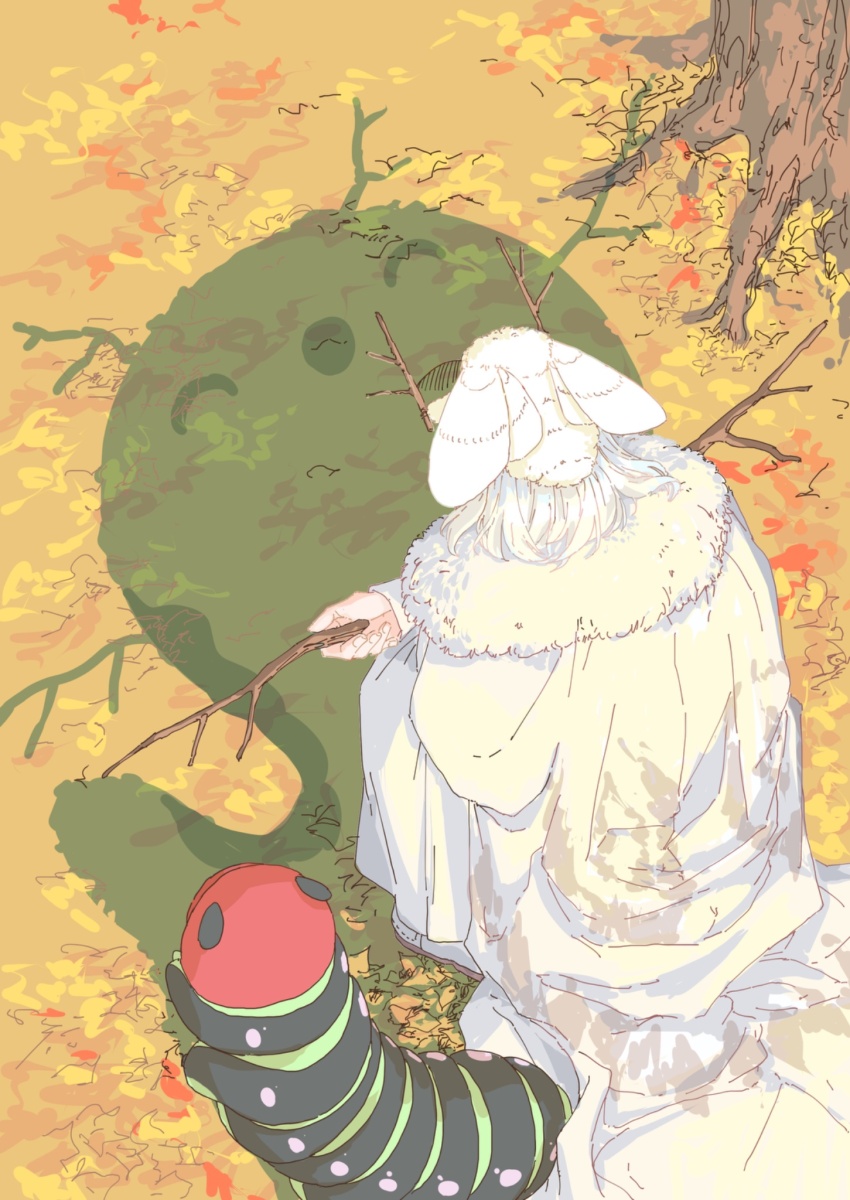 1boy blanca_(fate) bug cape cat_shadow_puppet_(meme) caterpillar cloak facing_away fate/grand_order fate_(series) fur-trimmed_cape fur-trimmed_cloak fur_trim highres insect long_sleeves male_focus medium_hair meme moth oberon_(fate) oberon_(second_ascension)_(fate) outdoors oversized_insect shadow singlikeabird stick white_cloak