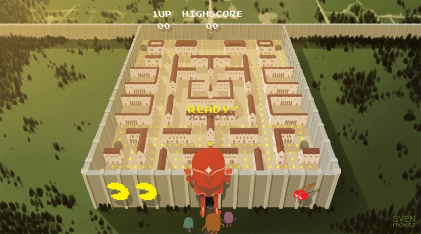 artist_name blinky_(pac-man) building cherry clyde_(pac-man) colossal_titan food fruit game inky_(pac-man) pac-man pac-man_(game) parody pinky_(pacman) shingeki_no_kyojin sven_from_oz titan_(shingeki_no_kyojin)