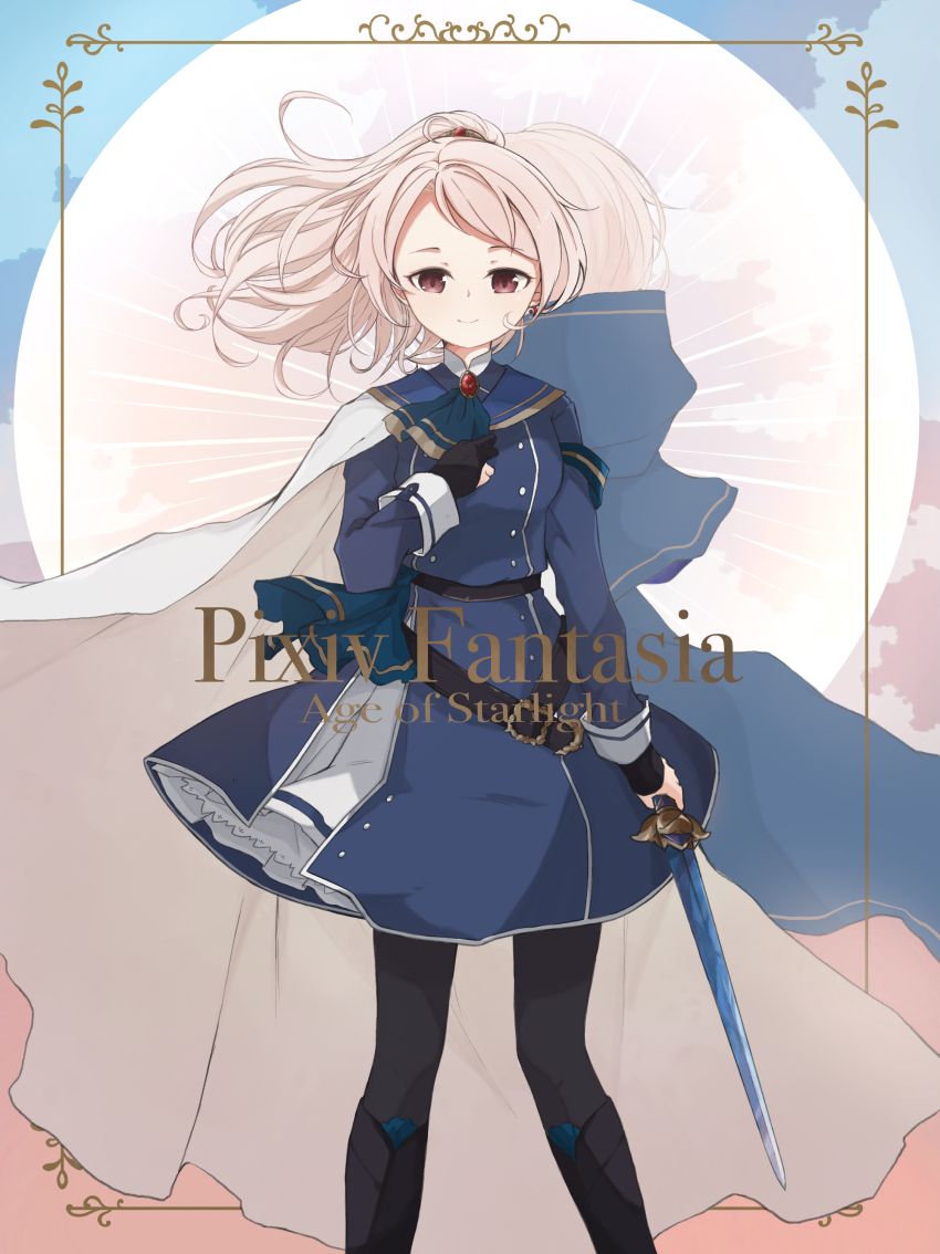 1girl absurdres armband ascot black_footwear black_thighhighs blonde_hair blue_skirt brooch brown_eyes cape copyright_name earrings gloves highres holding holding_sword holding_weapon jewelry long_sleeves looking_at_viewer mane_(pixiv_fantasia_age_of_starlight) pantyhose partially_fingerless_gloves pixiv_fantasia pixiv_fantasia_age_of_starlight skirt standing sword thighhighs weapon white_cape yokatoyit