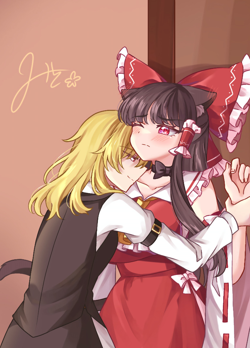 2girls animal_ear_fluff animal_ears arm_belt ascot black_bow black_vest blonde_hair blush bow bow_choker brown_hair cat_ears cat_girl cat_tail choker closed_mouth collarbone commentary_request detached_sleeves frilled_bow frilled_hair_tubes frills hair_bow hair_tubes hakurei_reimu highres holding_another&#039;s_wrist kemonomimi_mode kirisame_marisa long_hair long_sleeves mito_(fate) multiple_girls no_headwear one_eye_closed red_bow red_eyes red_skirt ribbon-trimmed_sleeves ribbon_trim shirt signature skirt skirt_set smile tail touhou vest white_shirt yellow_ascot yuri
