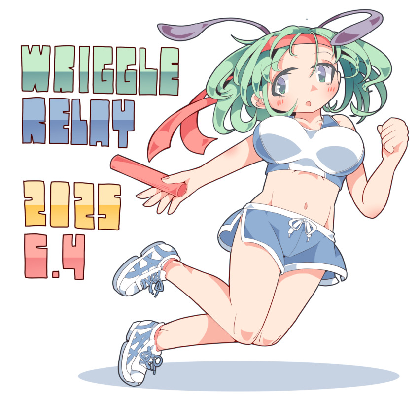 1girl :o alternate_costume antennae blue_shorts blush breasts commentary_request crop_top dated dolphin_shorts full_body green_eyes green_hair headband keikou_ryuudou large_breasts looking_at_viewer midriff navel open_mouth red_headband relay_baton shirt shoes short_hair short_shorts shorts simple_background sleeveless sleeveless_shirt sneakers solo touhou white_background white_shirt white_shoes wriggle_day wriggle_nightbug