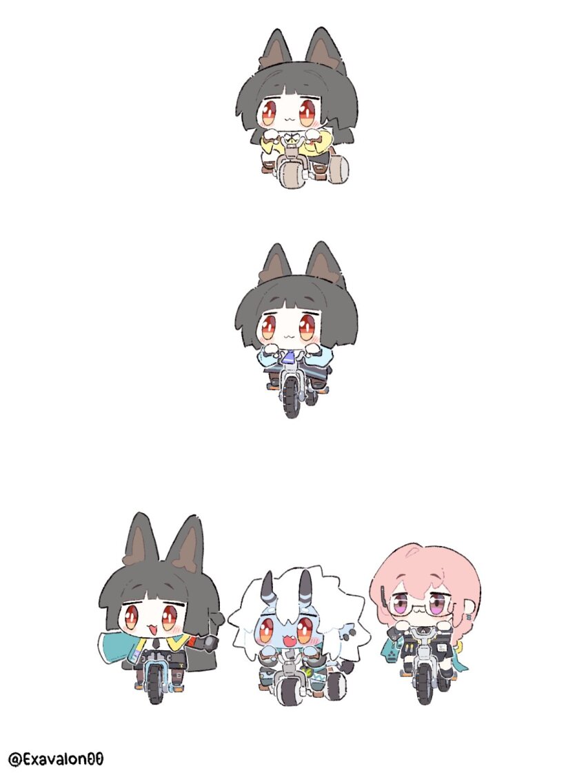 3girls animal_ears bicycle blue_skin blunt_bangs brown_eyes colored_skin fox_ears fox_girl glasses hair_between_eyes highres horns hoshimi_miyabi long_hair multiple_girls open_mouth pink_eyes pink_hair red_eyes short_hair sidelocks sima_(exavalon00) simple_background smile soukaku_(zenless_zone_zero) tsukishiro_yanagi white_background white_hair zenless_zone_zero