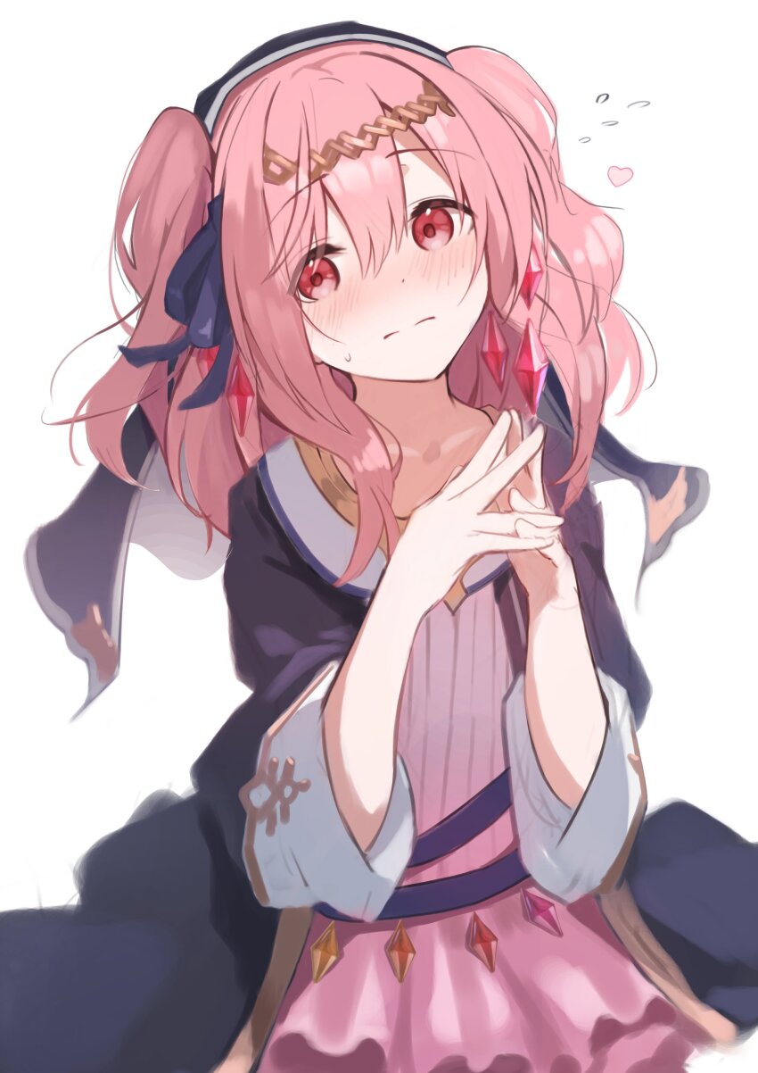 1girl absurdres blue_jacket blue_ribbon blush circlet closed_mouth commentary double-parted_bangs dress fidgeting flat_chest hair_between_eyes hair_ribbon heart highres ichien_ekaki jacket looking_at_viewer lorena_(shadowverse) medium_hair open_clothes open_jacket pink_dress pink_hair red_eyes ribbon shadowverse simple_background sketch solo standing two_side_up upper_body white_background