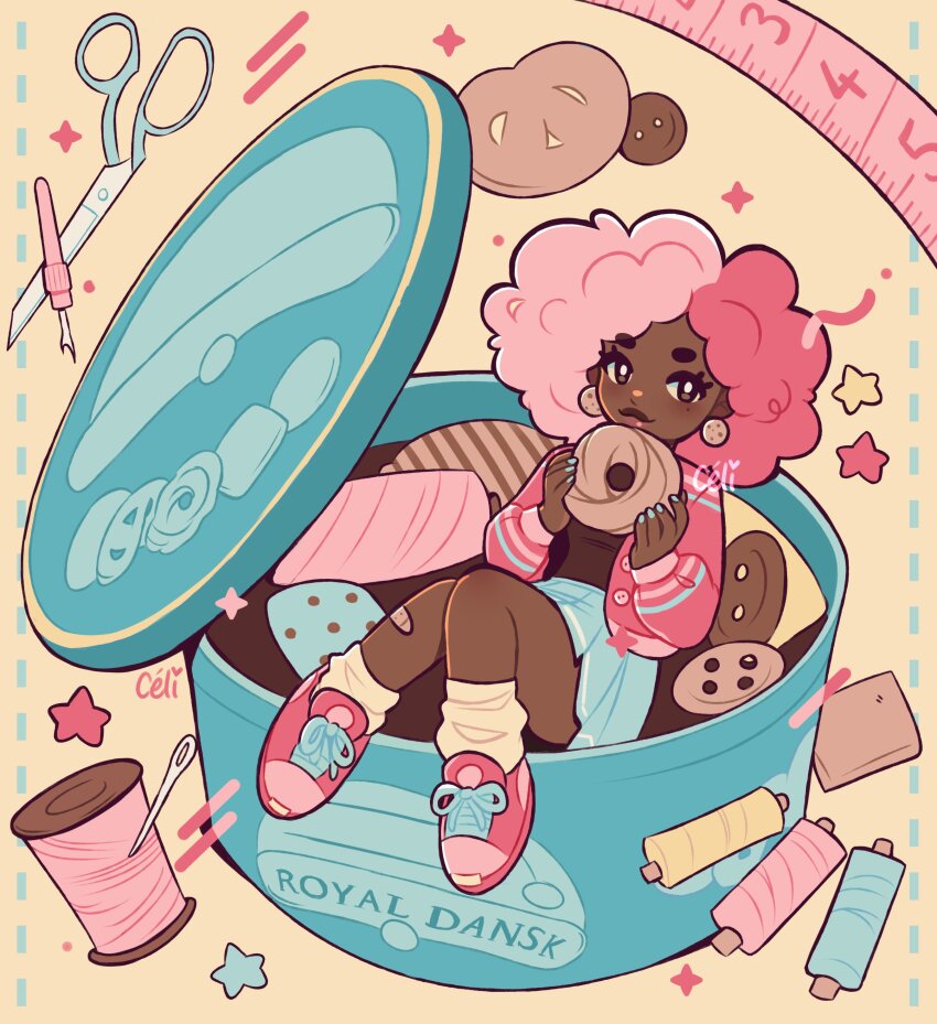 1girl absurdres afro bandaid bandaid_on_leg commentary cookie curly_hair dark-skinned_female dark_skin english_commentary food highres in_container jacket looking_at_viewer mini_person minigirl multicolored_hair needle open_clothes open_jacket original pianta_celi pink_hair pleated_skirt scissors sewing_needle shoes short_hair skirt smile sneakers socks solo split-color_hair very_dark_skin white_socks