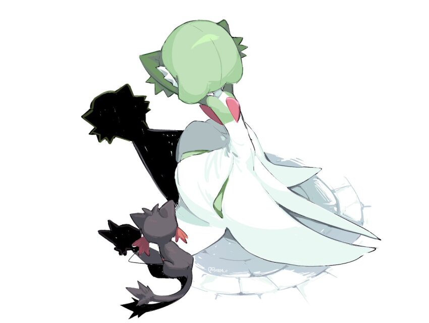 bob_cut cat cat_shadow_puppet_(meme) colored_skin commentary crossed_arms facing_away from_above from_behind gardevoir gen_3_pokemon gen_7_pokemon green_hair green_skin hashtag-only_commentary litten multicolored_skin nintendo pokemon pokemon_(creature) pokemon_focus shadow shadow_puppet simple_background sok_(mr14_c) squatting symbol-only_commentary tail two-tone_skin white_background white_skin