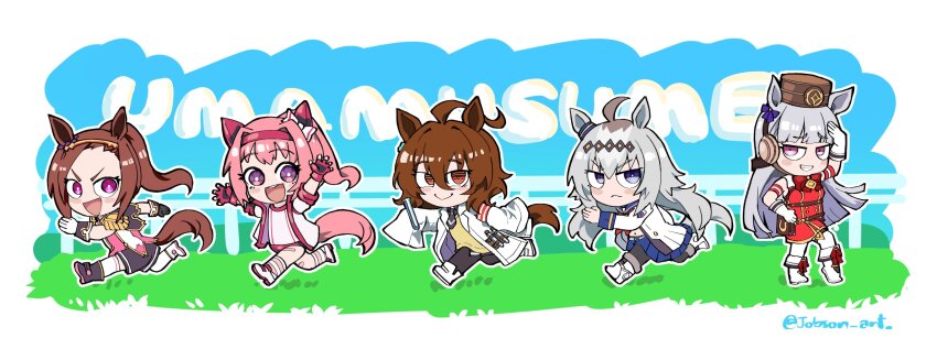 5girls :d agnes_tachyon_(umamusume) ahoge animal_ears asymmetrical_footwear asymmetrical_gloves bandaid bandaid_on_leg black_gloves black_necktie black_shoes blue_skirt blunt_bangs blush bow brown_hair buruma chibi commentary copyright_name dress ear_bow ear_covers english_commentary epaulettes fingerless_gloves flower_in_eye gloves gold_hairband gold_ship_(umamusume) grey_eyes grey_hair hair_between_eyes hair_intakes hairband haru_urara_(umamusume) headband highres holding holding_test_tube horse_ears horse_girl horse_tail jacket lab_coat long_hair long_sleeves looking_at_another looking_at_viewer mismatched_footwear mismatched_gloves mixed-language_commentary multiple_girls navel necktie oguri_cap_(umamusume) open_clothes open_jacket open_mouth pillbox_hat pink_hair pink_headband pleated_skirt ponytail purple_eyes red_buruma red_dress red_eyes red_gloves running sakura_bakushin_o_(umamusume) shoes short_necktie skirt sleepyowl_(jobkung15) sleeveless sleeveless_dress sleeves_past_fingers sleeves_past_wrists smile sweater symbol_in_eye tail test_tube track_jacket twitter_username umamusume white_gloves white_shoes