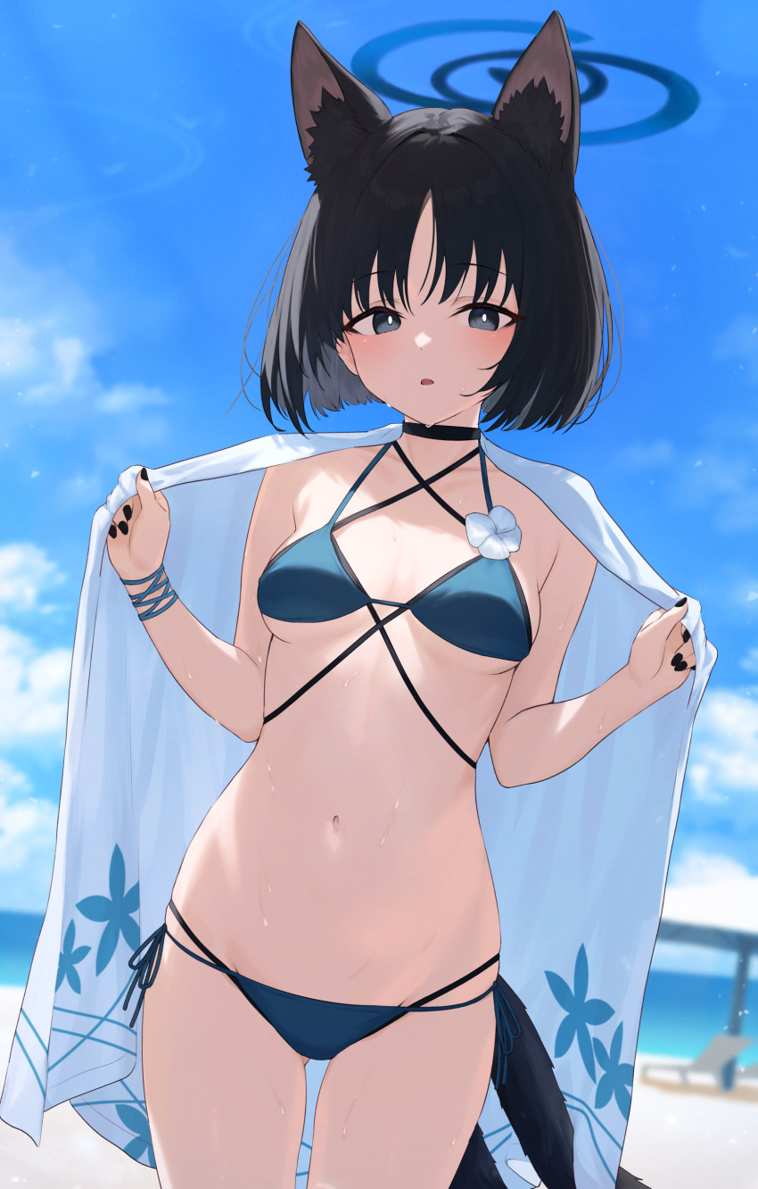 1girl absurdres animal_ear_fluff animal_ears beach bikini black_choker black_eyes black_hair black_nails blue_archive blue_bikini blush cat_ears cat_girl cat_tail choker haori highres japanese_clothes kikyou_(blue_archive) kikyou_(swimsuit)_(blue_archive) kuchisode looking_at_viewer multiple_tails navel ocean official_alternate_costume open_mouth short_hair solo stomach swimsuit tail two_tails white_haori