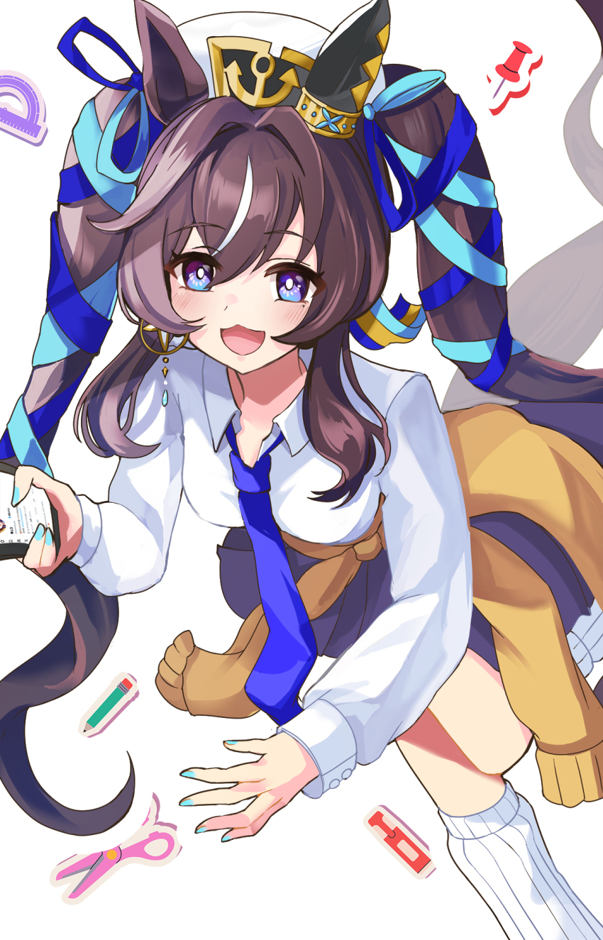 1girl :3 animal_ears blue_eyes blue_nails blue_necktie blue_ribbon blush breasts brown_hair cardigan cardigan_around_waist cellphone clothes_around_waist collared_shirt ear_covers eraser hair_between_eyes hair_ribbon hanamura_pink hat highres holding holding_phone horse_ears horse_girl horse_tail long_hair long_sleeves looking_at_viewer medium_breasts mole mole_under_eye multicolored_hair necktie open_mouth pencil phone purple_skirt ribbed_socks ribbon scissors shirt single_ear_cover skirt smartphone smile socks streaked_hair tail thumbtack twintails umamusume vivlos_(umamusume) white_hat white_shirt white_socks yellow_cardigan