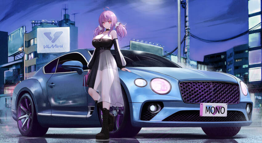 1girl absurdres ahoge apartment bag bare_shoulders belt bentley_continental_gt billboard black_belt black_boots black_choker black_dress black_shirt black_shorts blue_car blue_hair boots breasts building car character_request choker cleavage collarbone commentary_request commission copyright_request detached_sleeves dress fingernails frilled_hair_tubes frills full_body hair_tubes handbag highres holding holding_bag kcar66t lace-up_boots lamppost large_breasts license_plate long_skirt medium_hair motor_vehicle night night_sky on_car outdoors pixiv_commission power_lines reflection road see-through_clothes see-through_dress shirt short_shorts shorts skirt sky smile solo sports_car standing standing_on_one_leg street twintails two-tone_dress utility_pole vehicle_focus virtual_youtuber