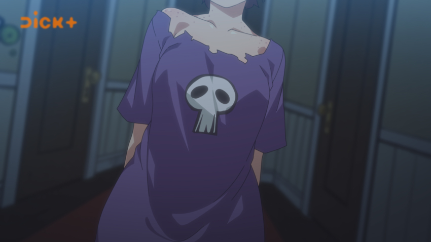 1girl arms_behind_back blurry blurry_background brand_name_imitation breasts door dutch_angle facing_viewer freckles head_out_of_frame highres indoors jcm2 luna_loud medium_breasts nickelodeon profanity purple_shirt shirt short_sleeves skull_print solo the_loud_house upper_body