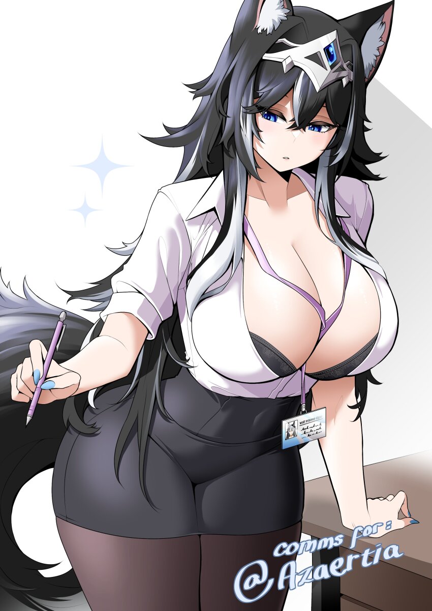 1girl absurdres animal_ear_fluff animal_ears between_breasts black_bra black_hair black_skirt black_tail blue_eyes blue_gemstone blue_nails bra bra_peek breasts brown_pantyhose cleavage collared_shirt commentary commission commissioner_name cowboy_shot crossed_bangs desk dress_shirt english_commentary gem hair_between_eyes hair_intakes hand_on_table highres holding holding_pen id_card lanyard large_breasts long_hair looking_down miniskirt multicolored_hair office_lady original pantyhose parted_lips pen saltnvalk shirt signe_brachirsdottr_(azaertia) silver_tiara skirt solo sparkle standing streaked_hair tail tiara underwear white_hair white_shirt wolf_ears wolf_girl wolf_tail