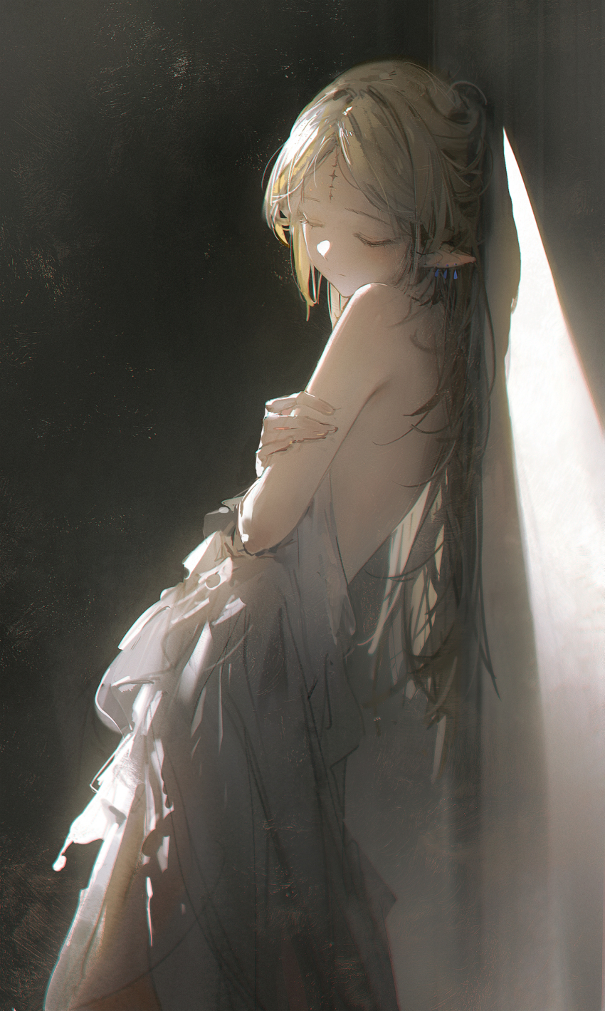 1girl absurdres blonde_hair cartethyia_(wuthering_waves) closed_eyes closed_mouth clothes_down commentary cowboy_shot dino_(dinoartforame) dress earrings facing_viewer from_side highres jewelry long_hair pointy_ears solo tacet_mark_(wuthering_waves) white_dress wuthering_waves