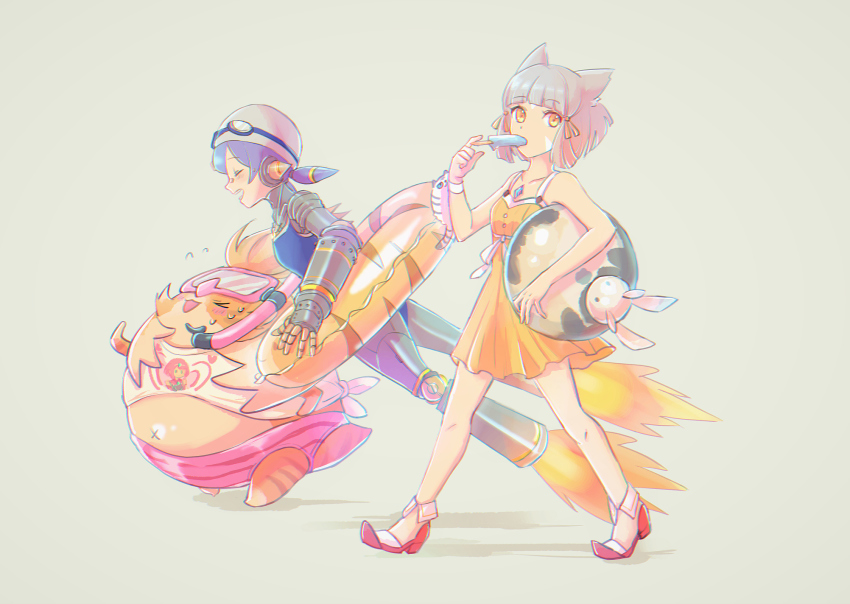 &gt;_&lt; 1boy 2girls :d android animal_ears animal_print ball bare_arms beachball blue_one-piece_swimsuit boreas_(xenoblade) breasts cat_ears chest_jewel dress facial_mark flying food fuwamoko_momen_toufu goggles goggles_on_head grey_background highres innertube joints multiple_girls nia_(fancy_sundress)_(xenoblade) nia_(xenoblade) nintendo one-piece_swimsuit open_mouth poppi_(xenoblade) poppi_alpha_(swim_lesson)_(xenoblade) poppi_alpha_(xenoblade) popsicle pyra_(xenoblade) robot_joints running silver_hair simple_background small_breasts smile snorkel spoilers sundress swim_cap swim_ring swimsuit tiger_print tora_(best_girl_fan)_(xenoblade_2) tora_(xenoblade_2) walking x_navel xenoblade_chronicles_(series) xenoblade_chronicles_2 yellow_dress yellow_eyes yellow_one-piece_swimsuit