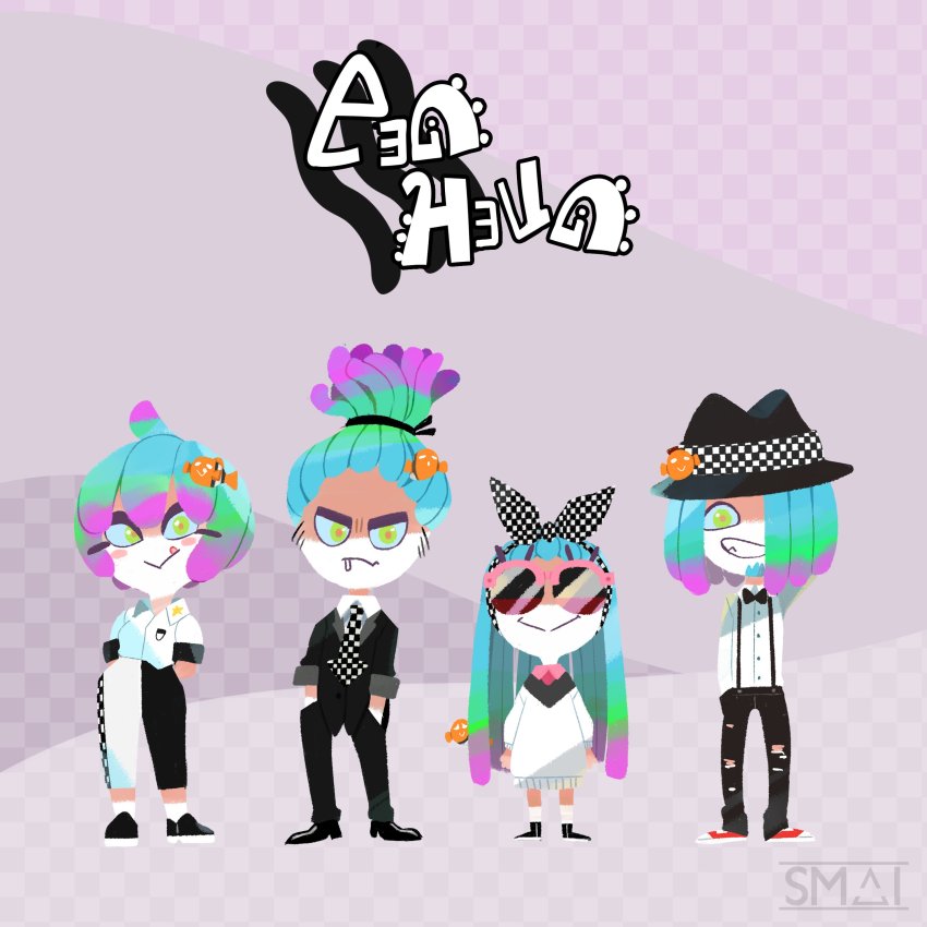 2boys 2girls absurdres artist_name blue_sclera boater_hat bow bowtie checkered_background clownfish colored_sclera facial_hair fish full_body goatee gradient_hair green_eyes grey_background hair_over_one_eye hands_in_pockets highres lineup logo looking_at_viewer multicolored_hair multiple_boys multiple_girls nintendo original purple_background sami_briggs sea_anemone splatoon_(series) sunglasses sweater tropical_fish