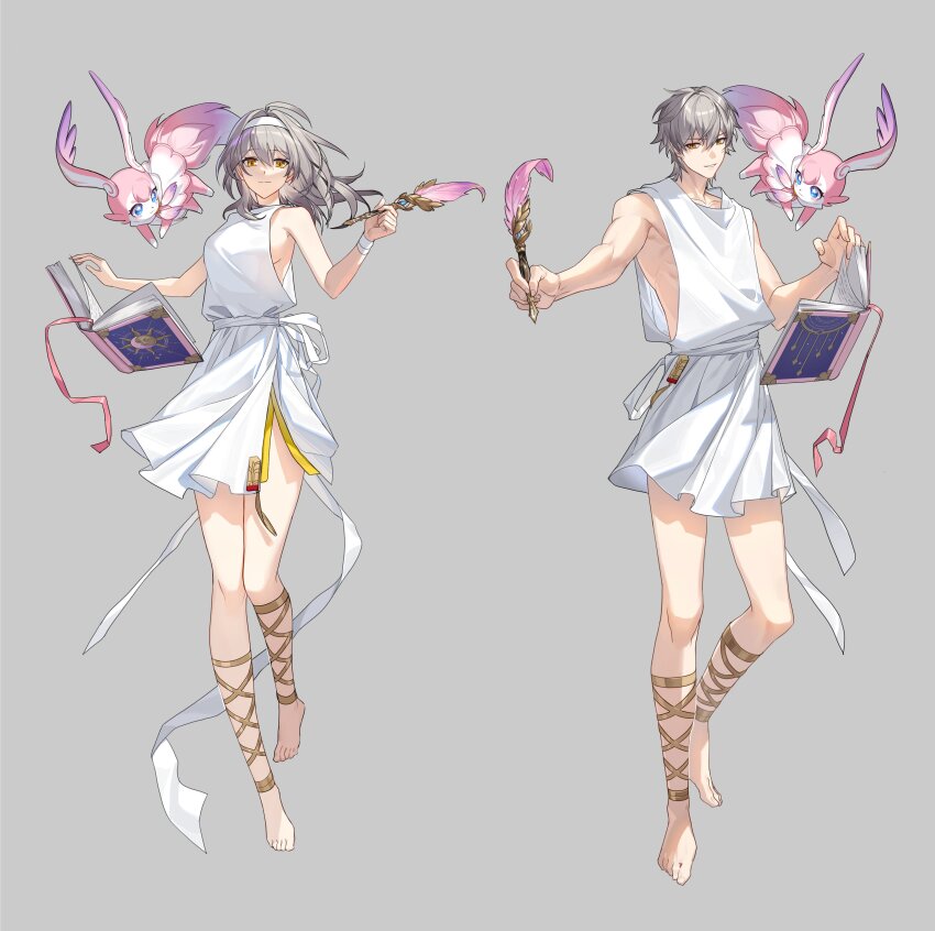 1boy 1girl absurdres alternate_costume barefoot book breasts caelus_(honkai:_star_rail) closed_mouth commentary_request dual_persona floating floating_object full_body greco-roman_clothes grey_background grey_hair hairband highres holding holding_quill honkai:_star_rail honkai_(series) light_smile little_modao long_hair looking_at_viewer medium_breasts mem_(honkai:_star_rail) open_book parted_lips quill short_hair sideboob simple_background stelle_(honkai:_star_rail) toes trailblazer_(honkai:_star_rail) tunic white_hairband white_tunic yellow_eyes