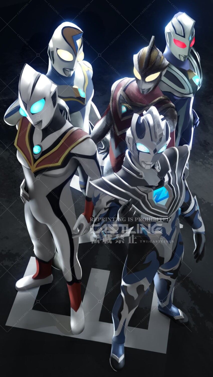 5boys alien arm_on_another&#039;s_shoulder armor artist_name black_background black_gemstone black_skin blue_eyes blue_gemstone blue_skin breastplate burn_scar castlings chinese_text color_timer colored_skin commentary compound_eyes copyright_notice crystal dark_persona doppelganger dorsal_fin english_commentary english_text evil_eyes evil_smile evil_tiga forehead_jewel full_body gem glowing glowing_eyes gold_trim hand_on_own_hip highres imit_ultraman_agul imit_ultraman_dyna imit_ultraman_gaia in-franchise_crossover looking_at_viewer looking_up male_focus mixed-language_text multicolored_skin multiple_boys pectorals red_eyes red_skin scar silver_skin silver_trim smile standing tokusatsu ultra_series ultraman_dyna_(series) ultraman_gaia_(series) ultraman_tiga_(series) ultraman_z ultraman_z_(series) watermark yellow_eyes