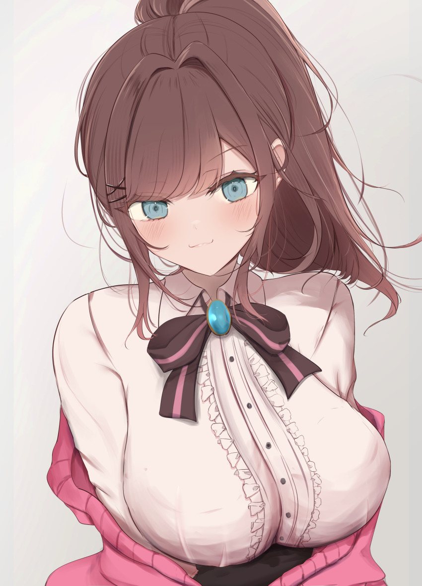 1girl :3 absurdres black_skirt blue_eyes blush bow bowtie breasts brown_bow brown_bowtie brown_hair cardigan center_frills closed_mouth collared_shirt frilled_shirt frills gem green_gemstone grey_background hair_intakes hair_ornament hairclip high_ponytail highres large_breasts long_hair looking_at_viewer nijisanji pink_bow pink_bowtie pink_cardigan pink_lips ponytail ri_shan shirt skirt smile solo striped_bow striped_bowtie striped_clothes suzuhara_lulu suzuhara_lulu_(1st_costume) swept_bangs two-tone_bow two-tone_bowtie virtual_youtuber white_shirt