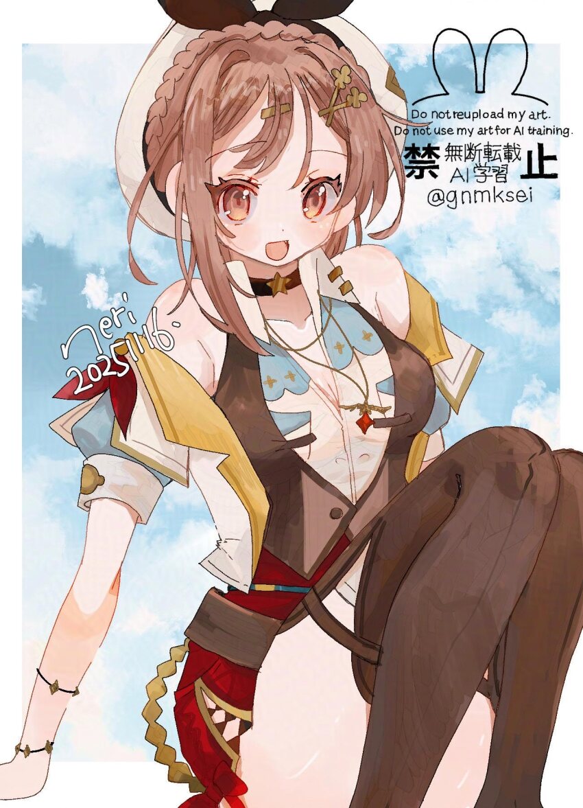 1girl :d artist_name atelier_(series) atelier_ryza atelier_ryza_3 black_thighhighs blue_sky border breasts brown_eyes brown_hair cleavage cloud commentary_request dated hair_ornament hairclip han_(hn-khk) hat highres long_hair looking_at_viewer medium_breasts open_mouth outside_border reisalin_stout sitting sky smile solo thighhighs twitter_username watermark white_border white_hat