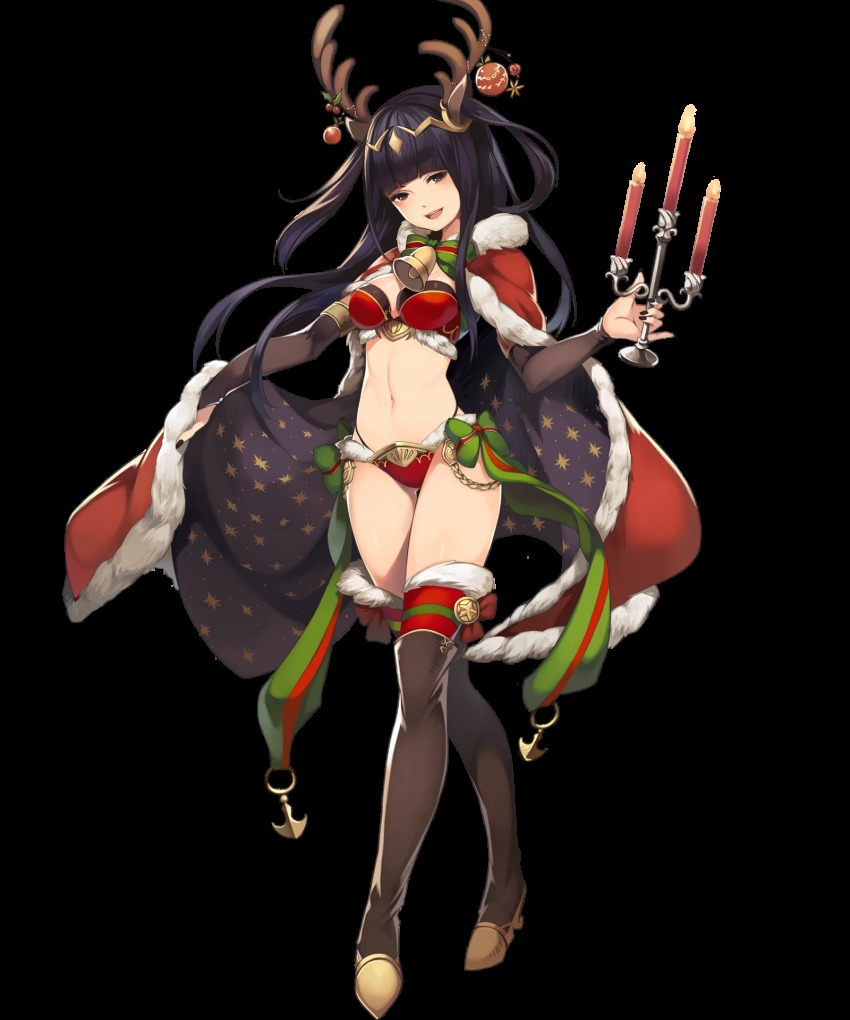 1girl @storm5958 antlers bell bikini black_boots black_thighhighs boots candelabra candle candlelight candlestand cape christmas female_focus fire_emblem fire_emblem_awakening fire_emblem_heroes full_body gold_trim highres horns jake_brito leather navel neck_bell nintendo official_art red_thighhighs santa_costume solo stephanie_sheh swimsuit tharja_(&quot;normal_girl&quot;)_(fire_emblem) tharja_(fire_emblem) thigh_boots thighhighs thighhighs_under_boots transparent_background voice_actor_connection