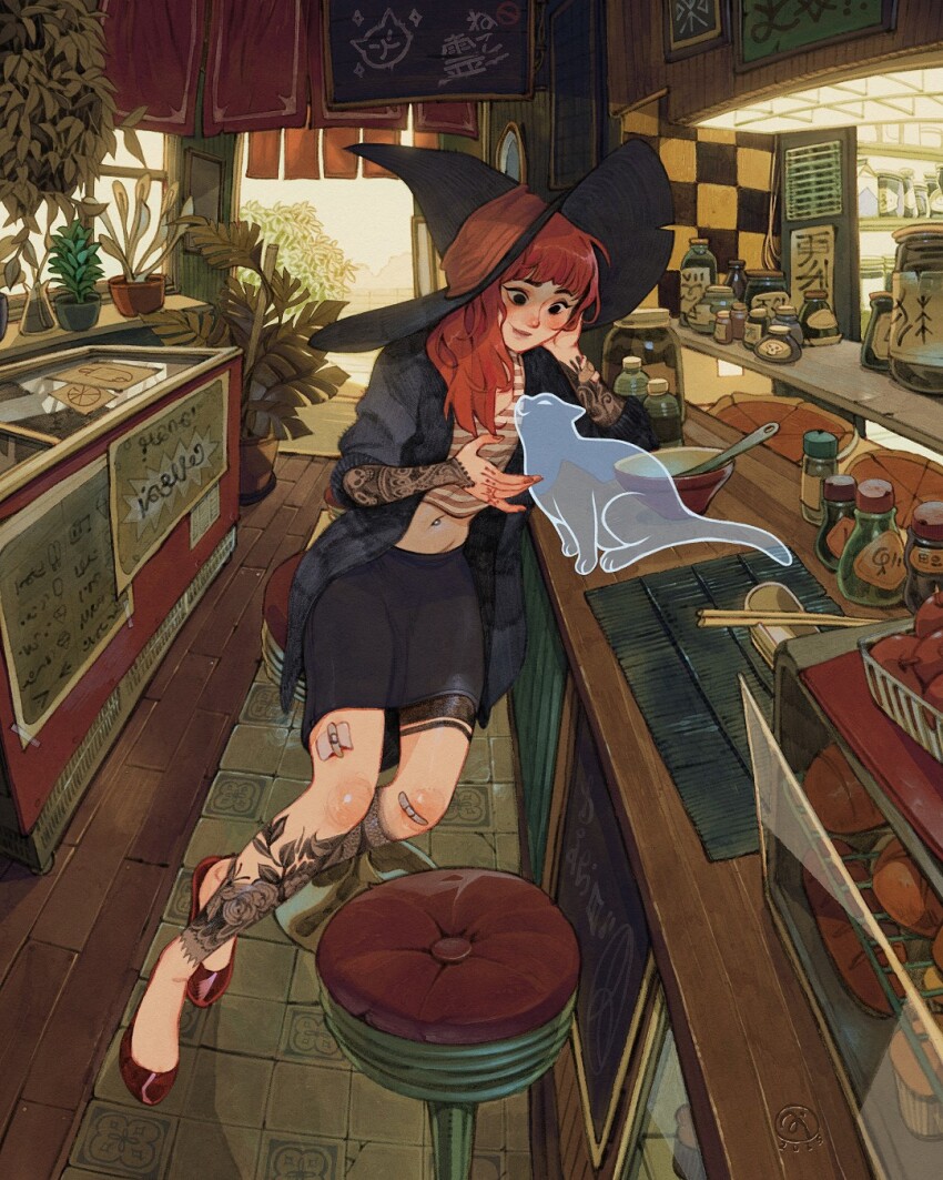 1girl arm_tattoo artist_logo bandaid bandaid_on_knee bandaid_on_leg bar_stool black_coat black_hat black_skirt bowl cat chopsticks closed_mouth coat commentary dated finger_tattoo flower_tattoo food full_body ghost hat hat_ribbon head_rest highres indoors jar leg_tattoo logo long_hair looking_at_animal navel navel_piercing on_stool orange_ribbon original pie piercing plant potted_plant pumpkin_pie red_hair red_shoes ribbon shirt shoes sign simz skirt skull_tattoo smile solo stool string_of_flags striped_clothes striped_shirt tattoo tattoo_sleeve witch_hat