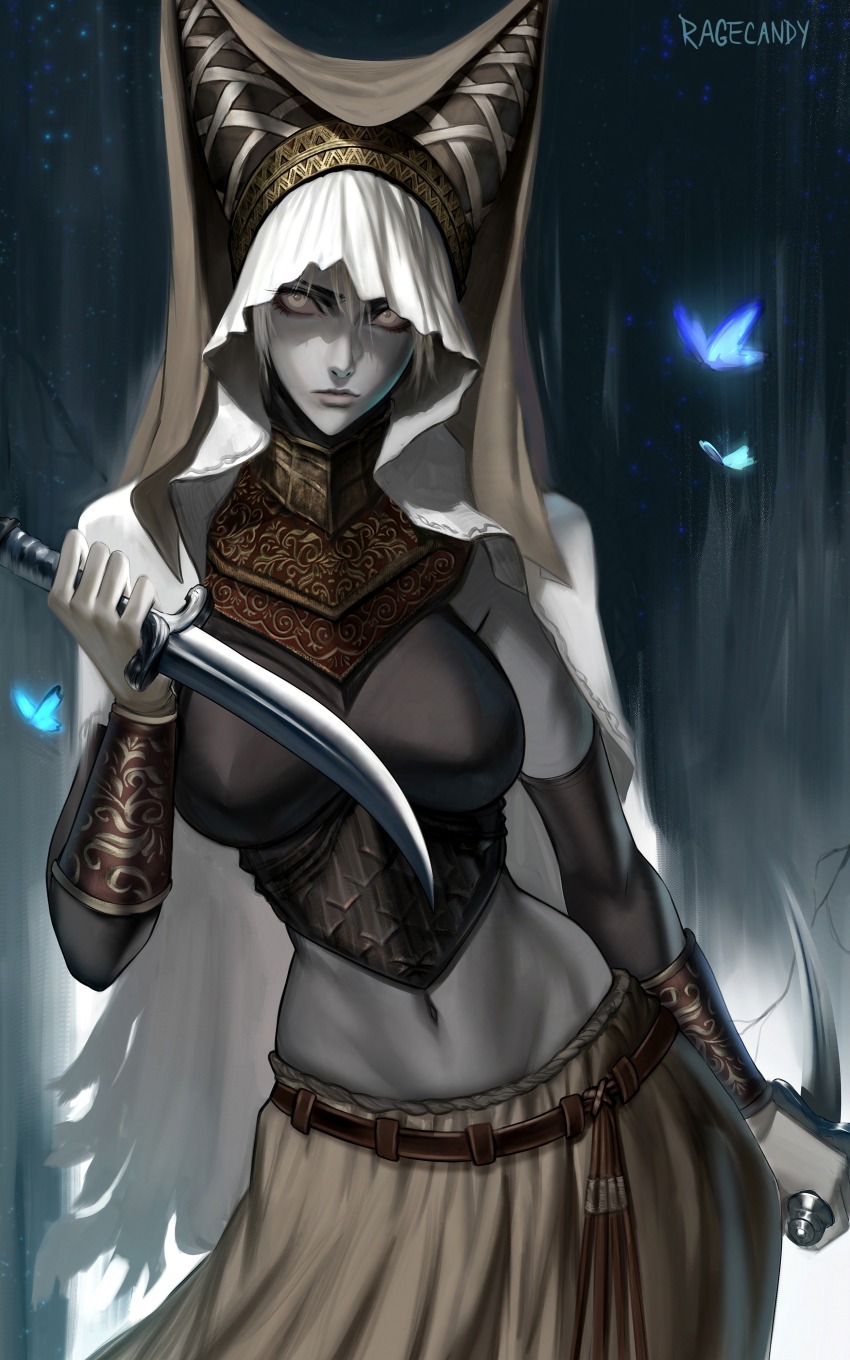 1girl absurdres armor blue_butterfly breastplate breasts brown_skirt bug butterfly cape colored_skin cropped_legs dagger elden_ring grey_skin headdress highres holding holding_dagger holding_knife holding_weapon insect knife large_breasts looking_at_viewer midriff night_maiden_(elden_ring) ragecndy skirt solo standing veil weapon white_cape white_eyes white_veil